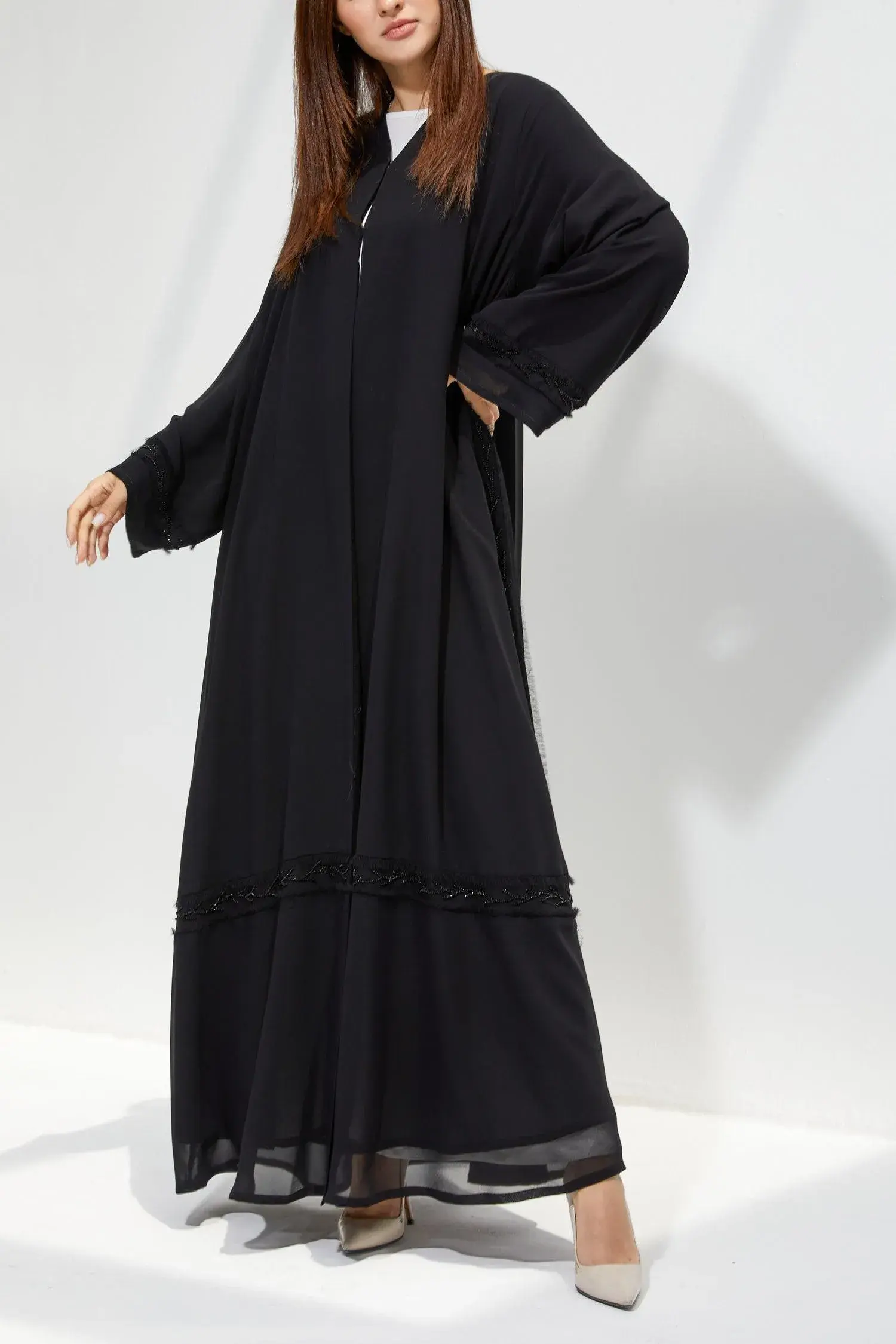 Black Chiffon Flared Custom Abaya with Front Cut and Beadwork