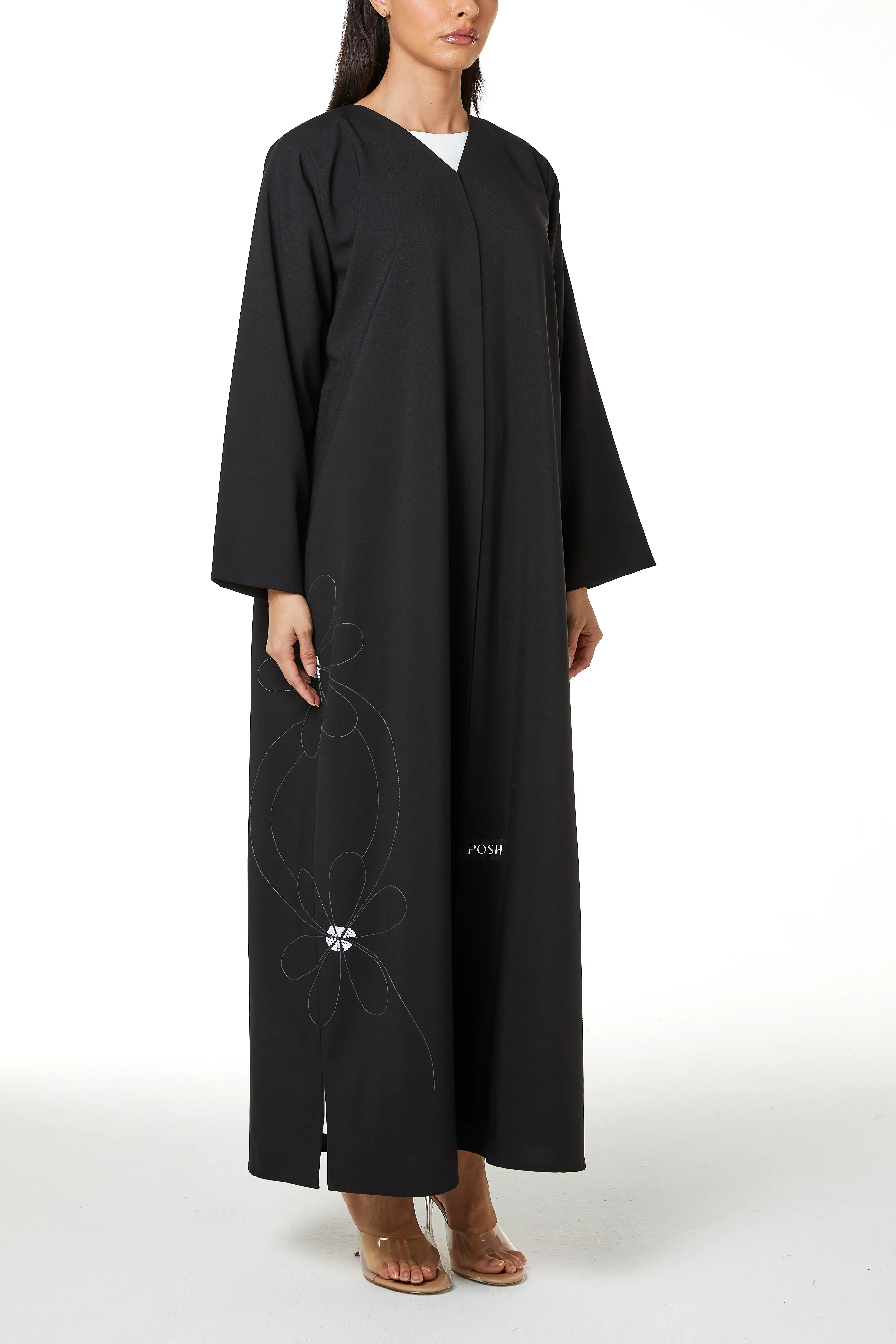 Black kadi Crepe, Side Tatreez Embroidery Detail