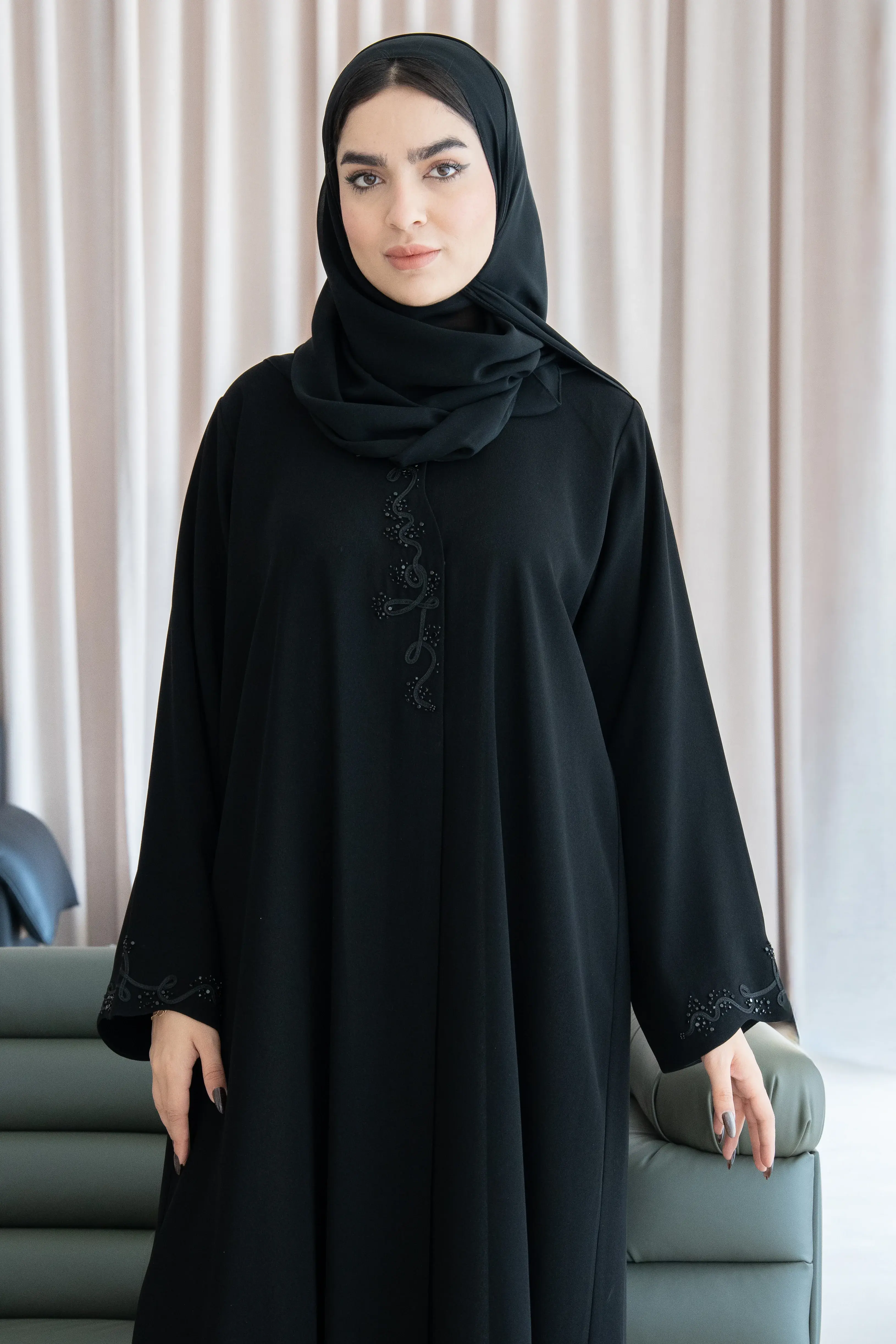 Black Shafa Crepe Abaya with Beaded Vine Detailing