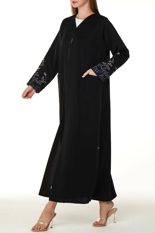 Jet Black Emarati Crepe Abaya with V-Neck and Embroidery Accents