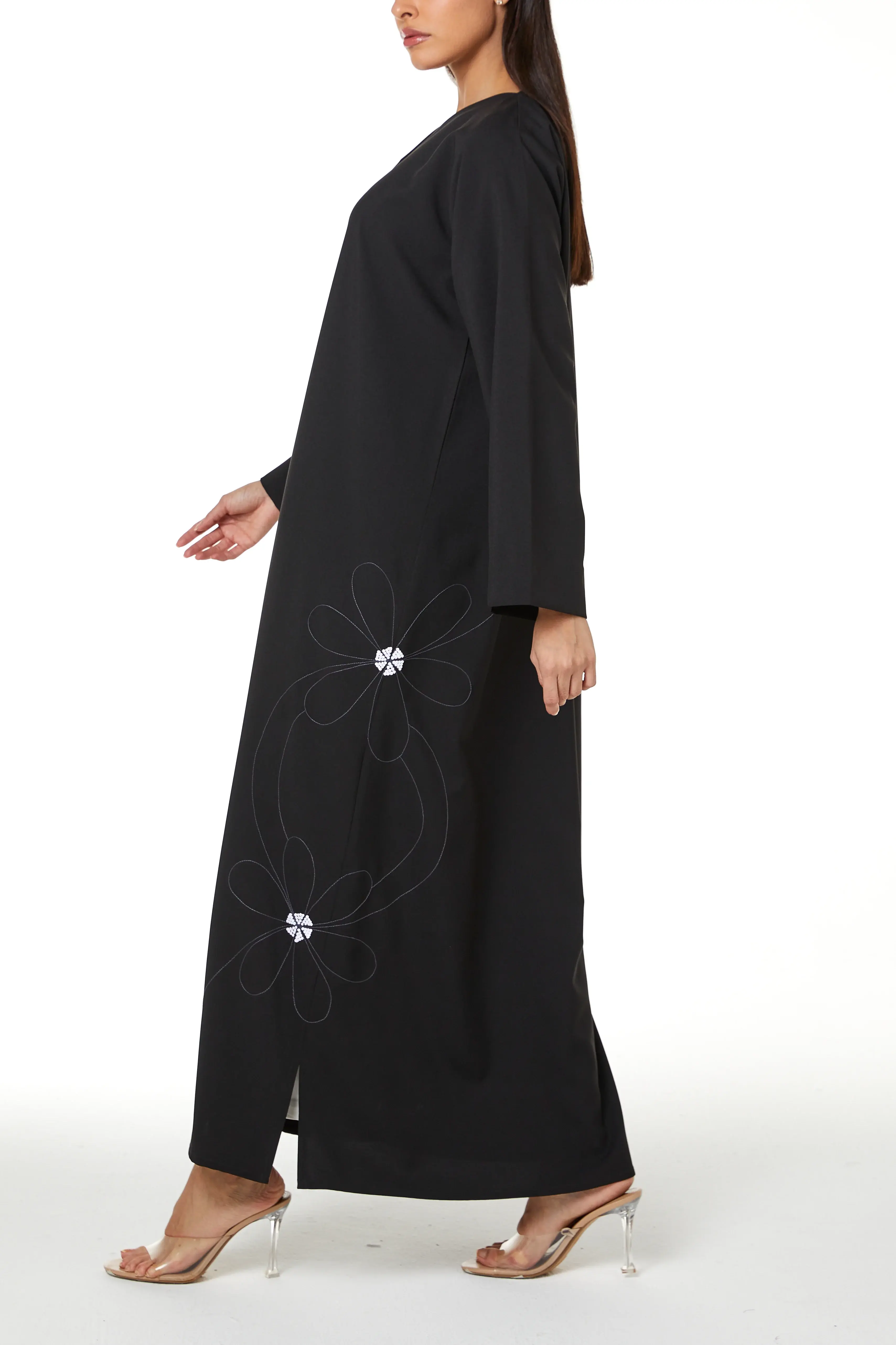 Black kadi Crepe, Side Tatreez Embroidery Detail