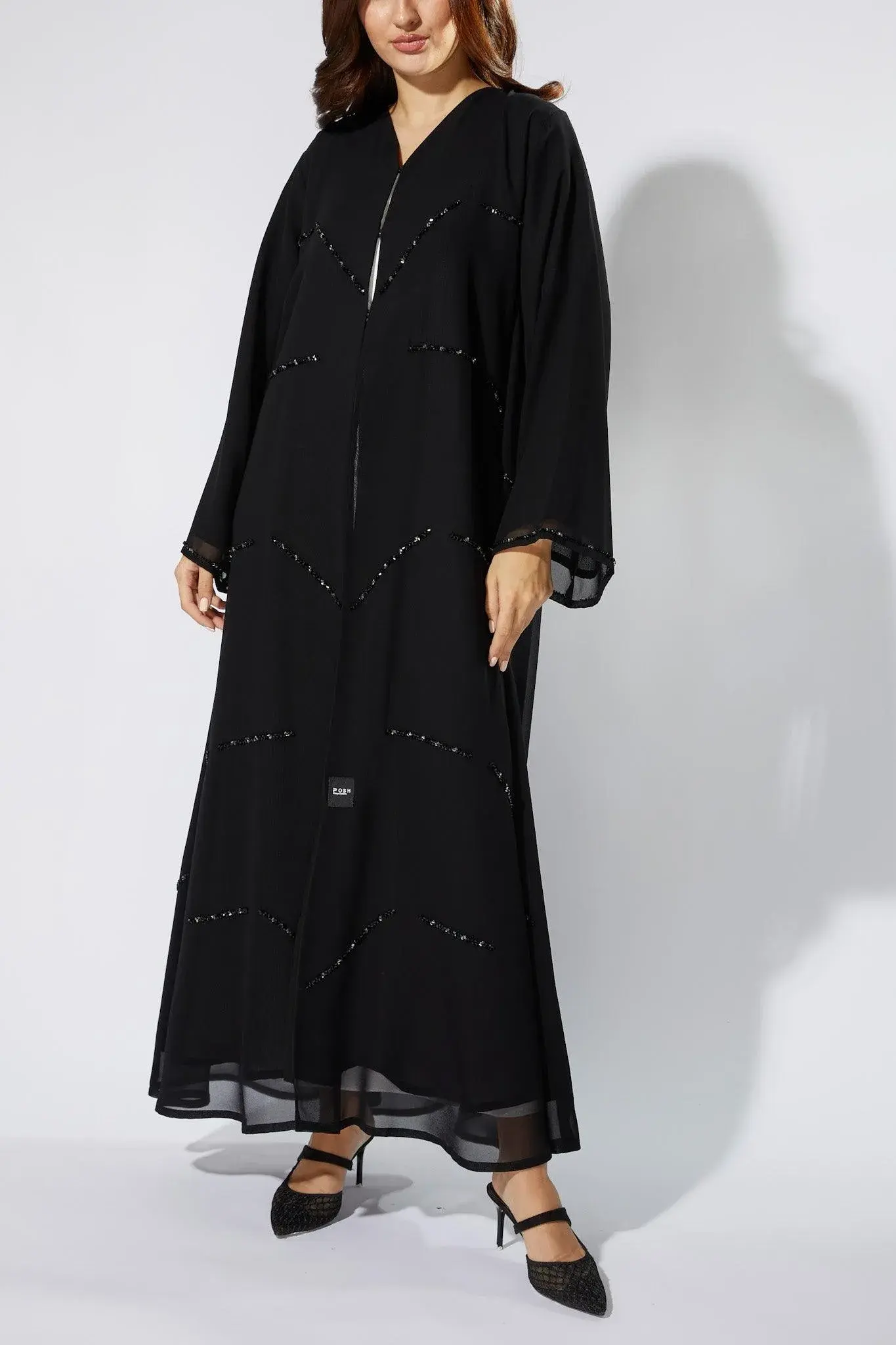 Black Chiffon Custom Abaya with Front Black Beadwork