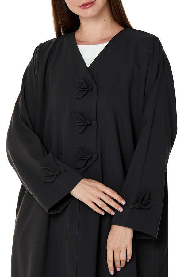 Black Nova Crepe Abaya with Applique Bow Detail