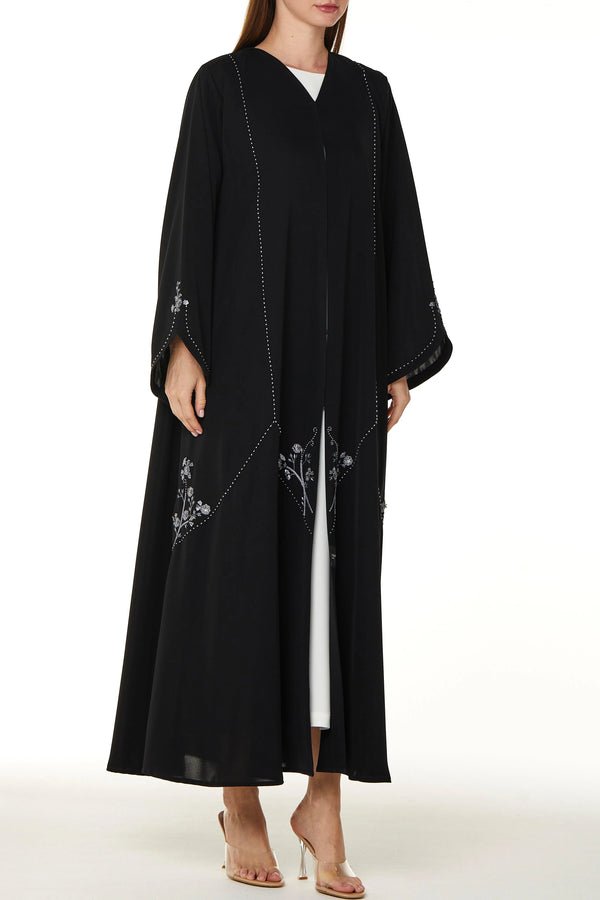 Black Royal Nada Abaya with Front Beaded Cuts and Floral Beadwork Detail