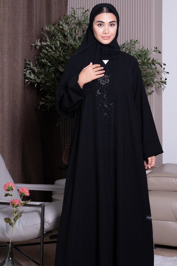 Black Jaime Crepe Abaya with Beadwork Accents