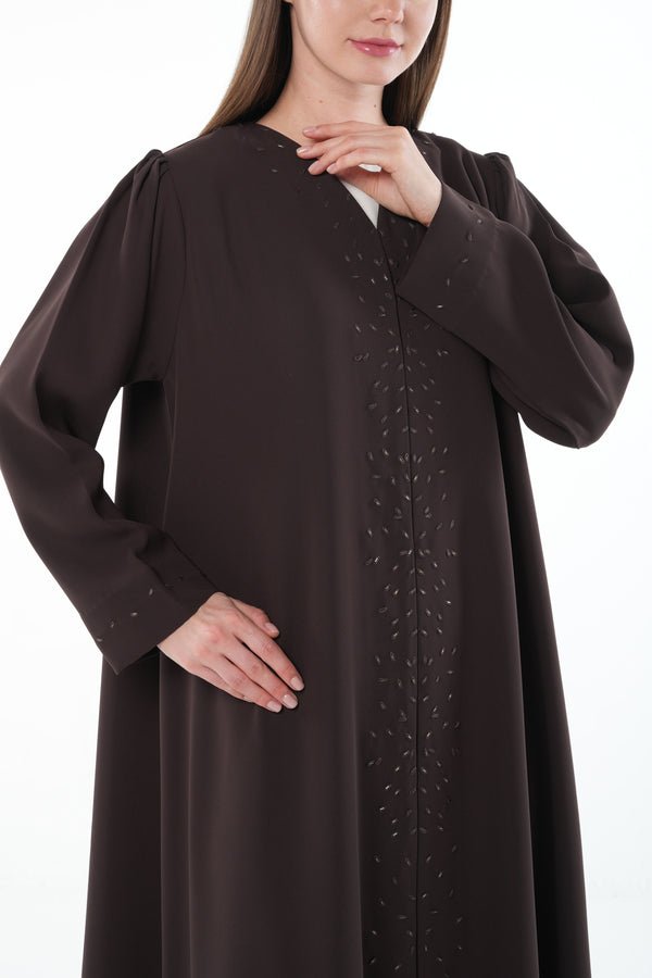 Brown Wave Crepe Abaya with Beadwork Embroidery