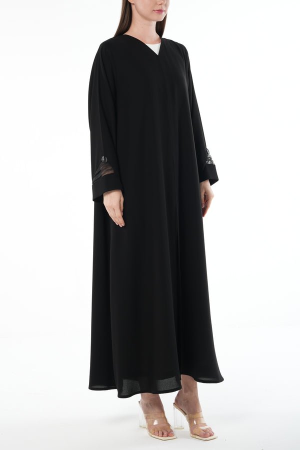 Black Claire Crepe Abaya with Organza Sleeve Detail and Clean Finish
