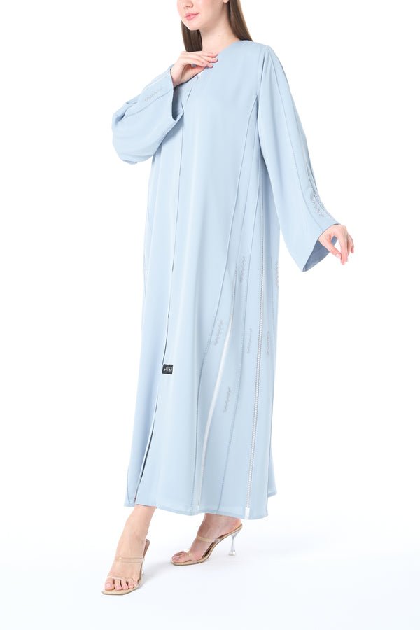 Blue Reem Nada Abaya with Shoulder Lace and Sleeve Tyre Detail