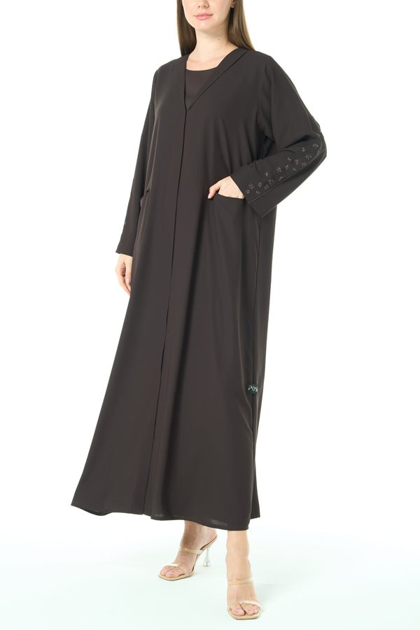 Brown Cool Crepe Abaya with Front Beadwork