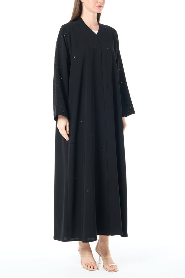 Black Reya Crepe Abaya with Klosh Cut and Hand Beadwork Detail