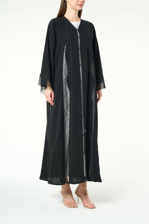 Black Royal Nada Abaya with Leaf Beadwork