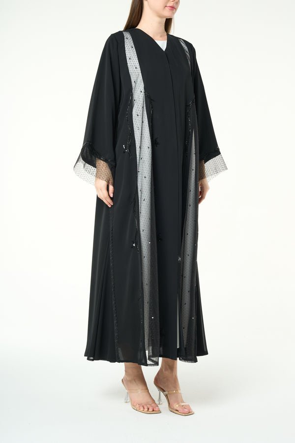 Black Royal Nada Abaya with Linear Beadwork