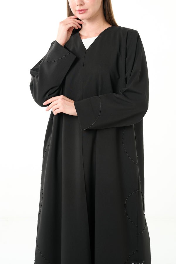 Black Kadi Crepe Abaya with Sleeve & Lower Beadwork