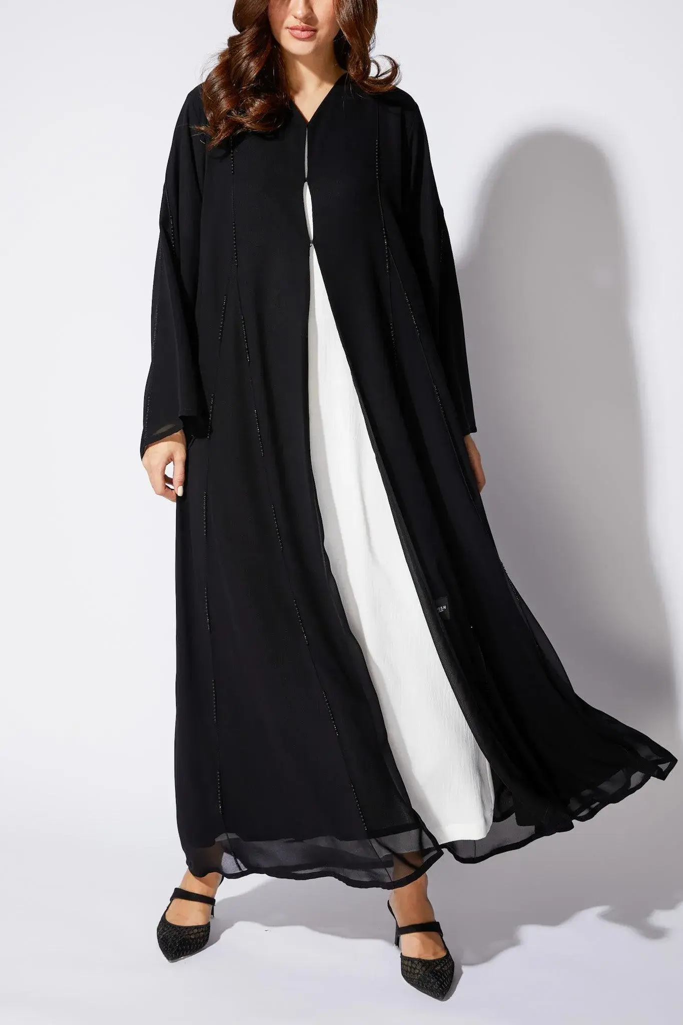 Black Chiffon Flared Custom Abaya with Beaded Pintux