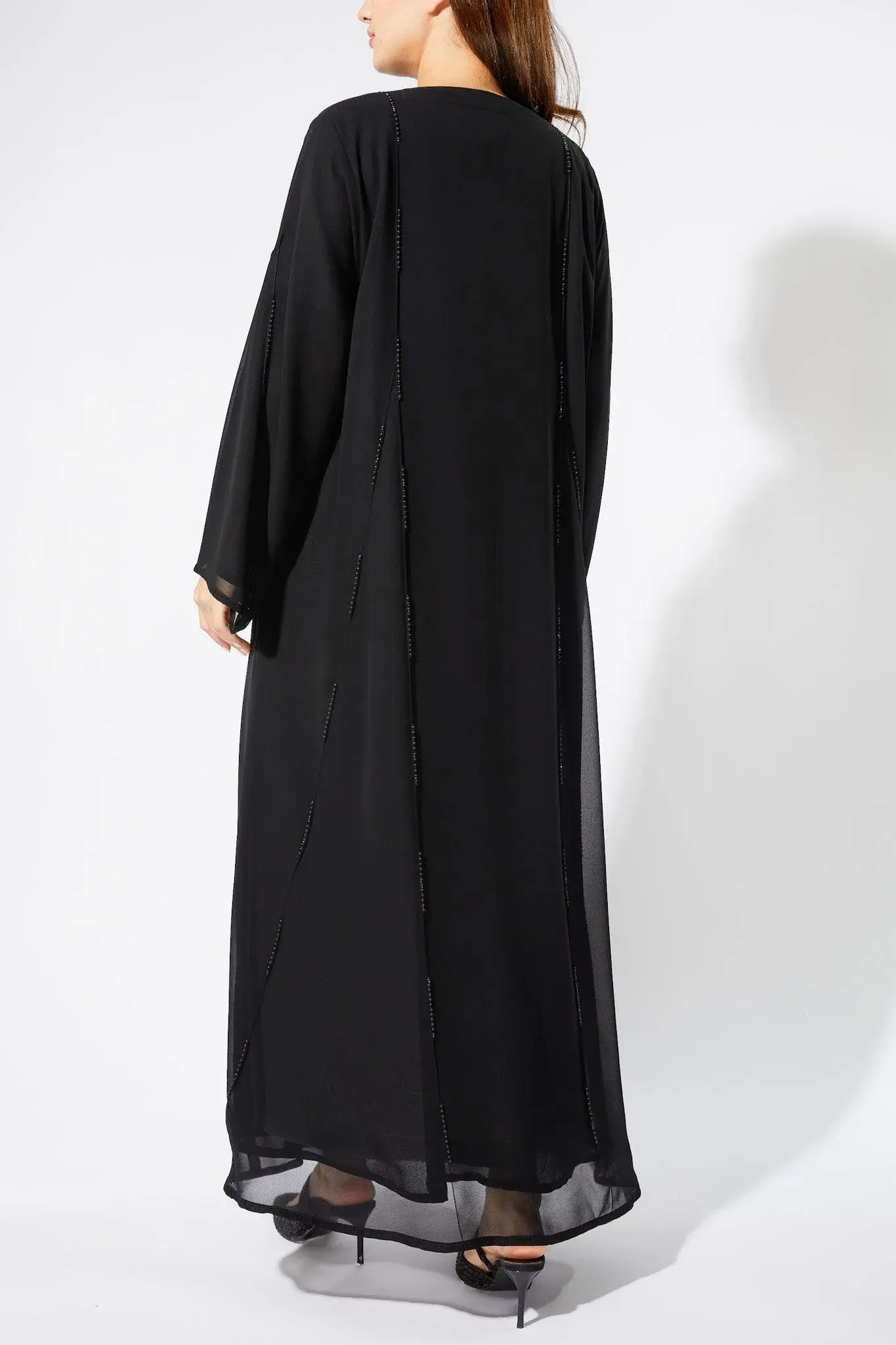 Black Chiffon Flared Custom Abaya with Beaded Pintux