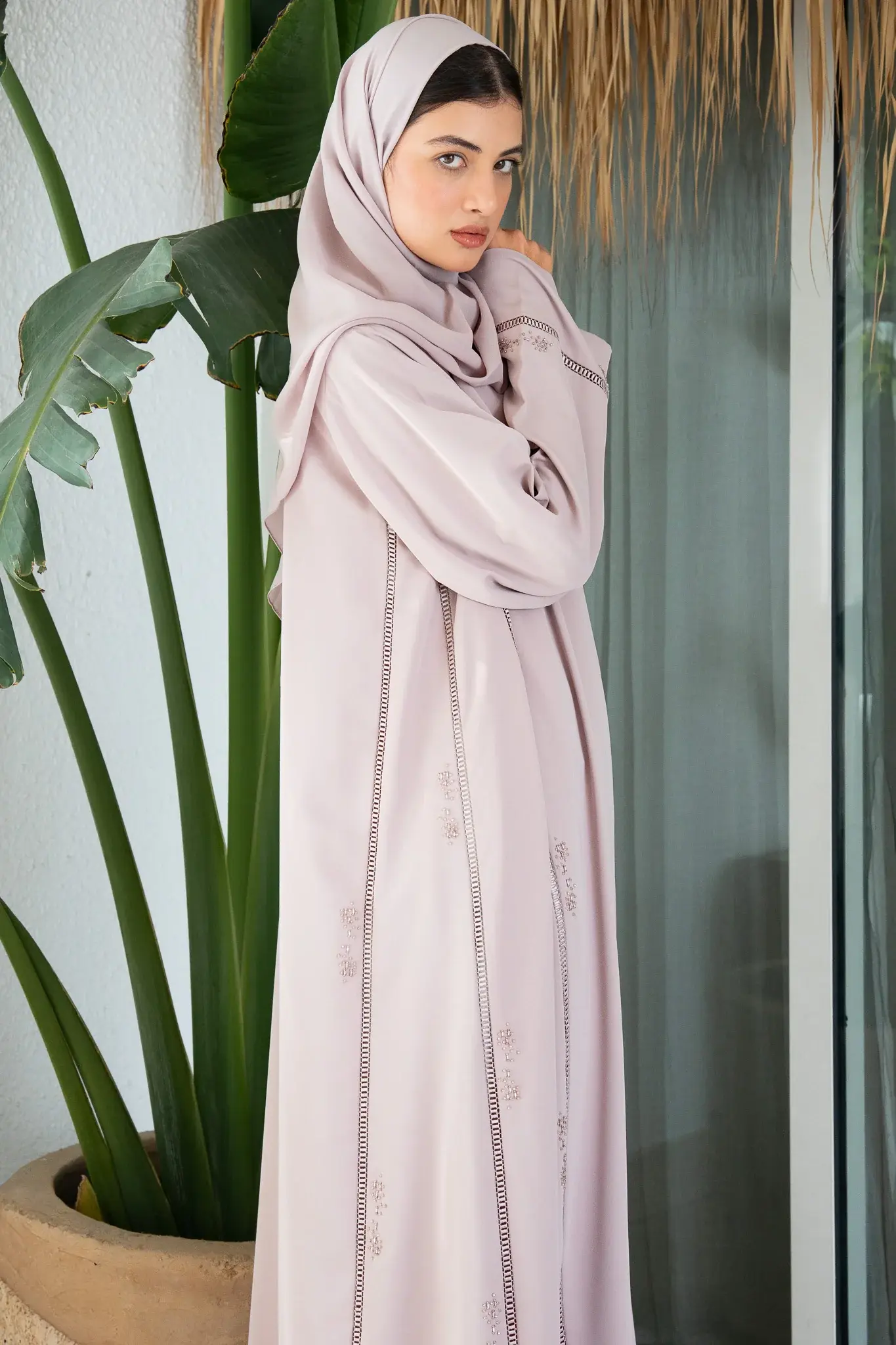 Pastel Pink Cool Crepe Abaya with Central Lace Detailing