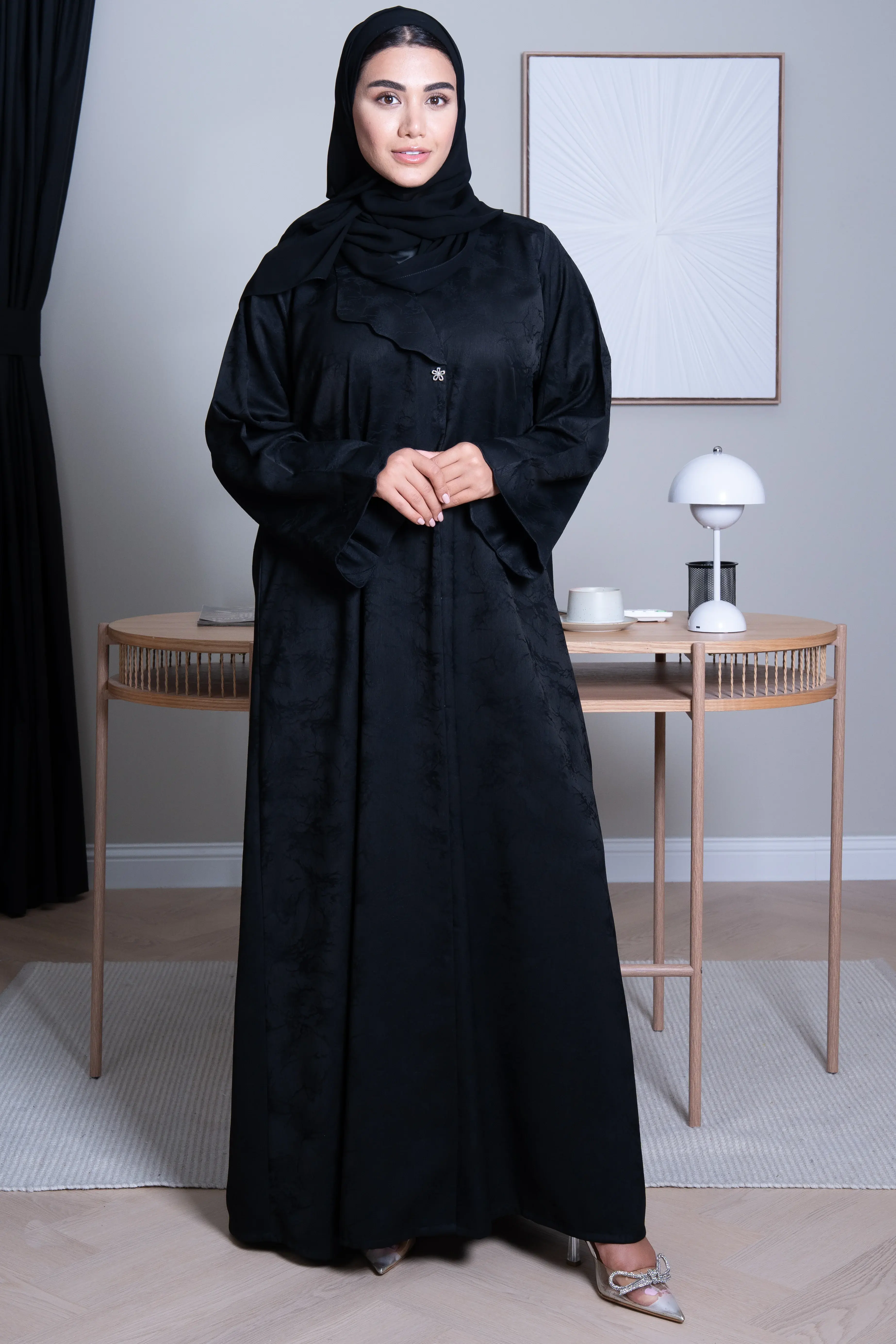 Black Jamaica Jacquard Abaya with V-Neck Collar