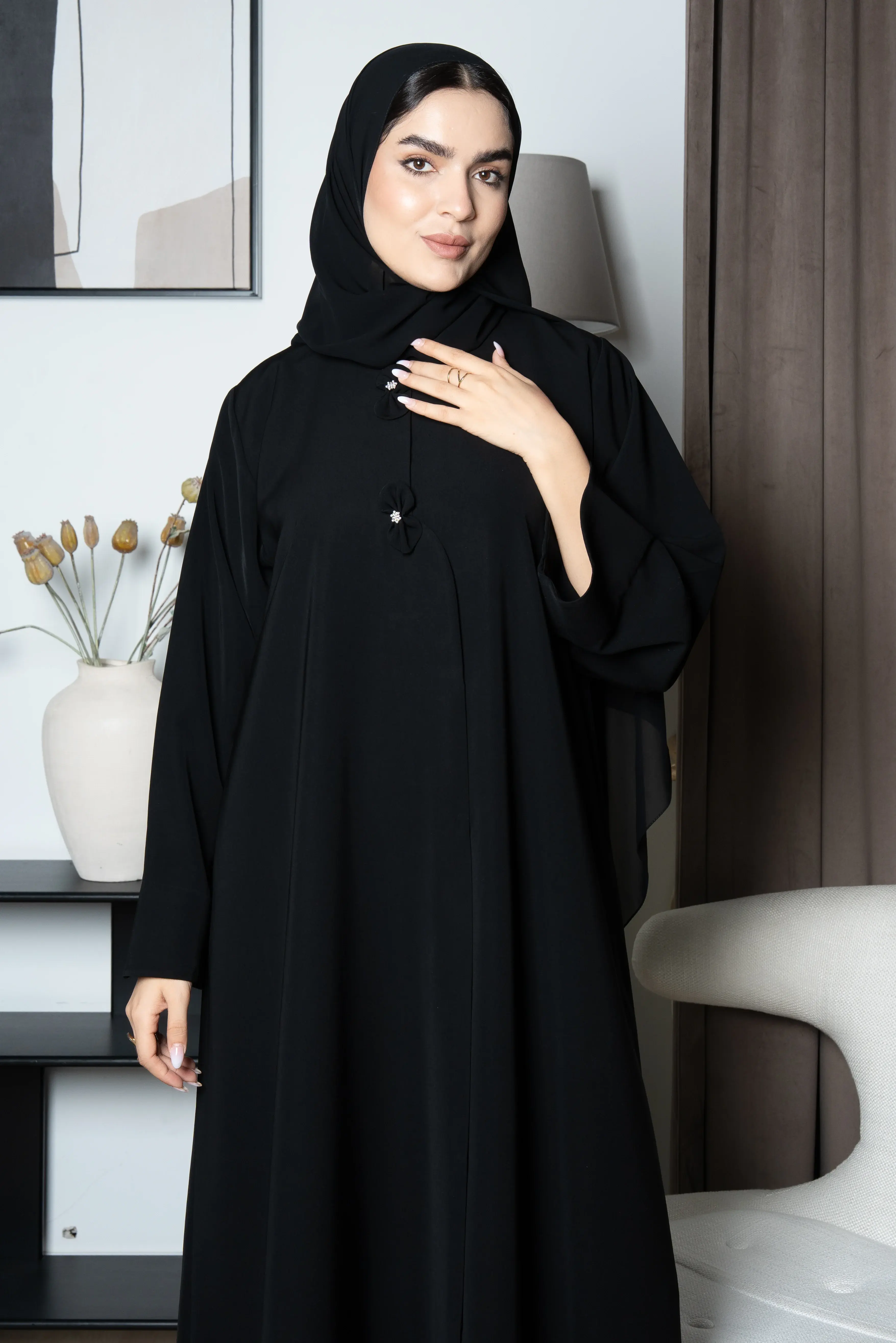 Black Reya Crepe Abaya with Decorative Bow Buttons