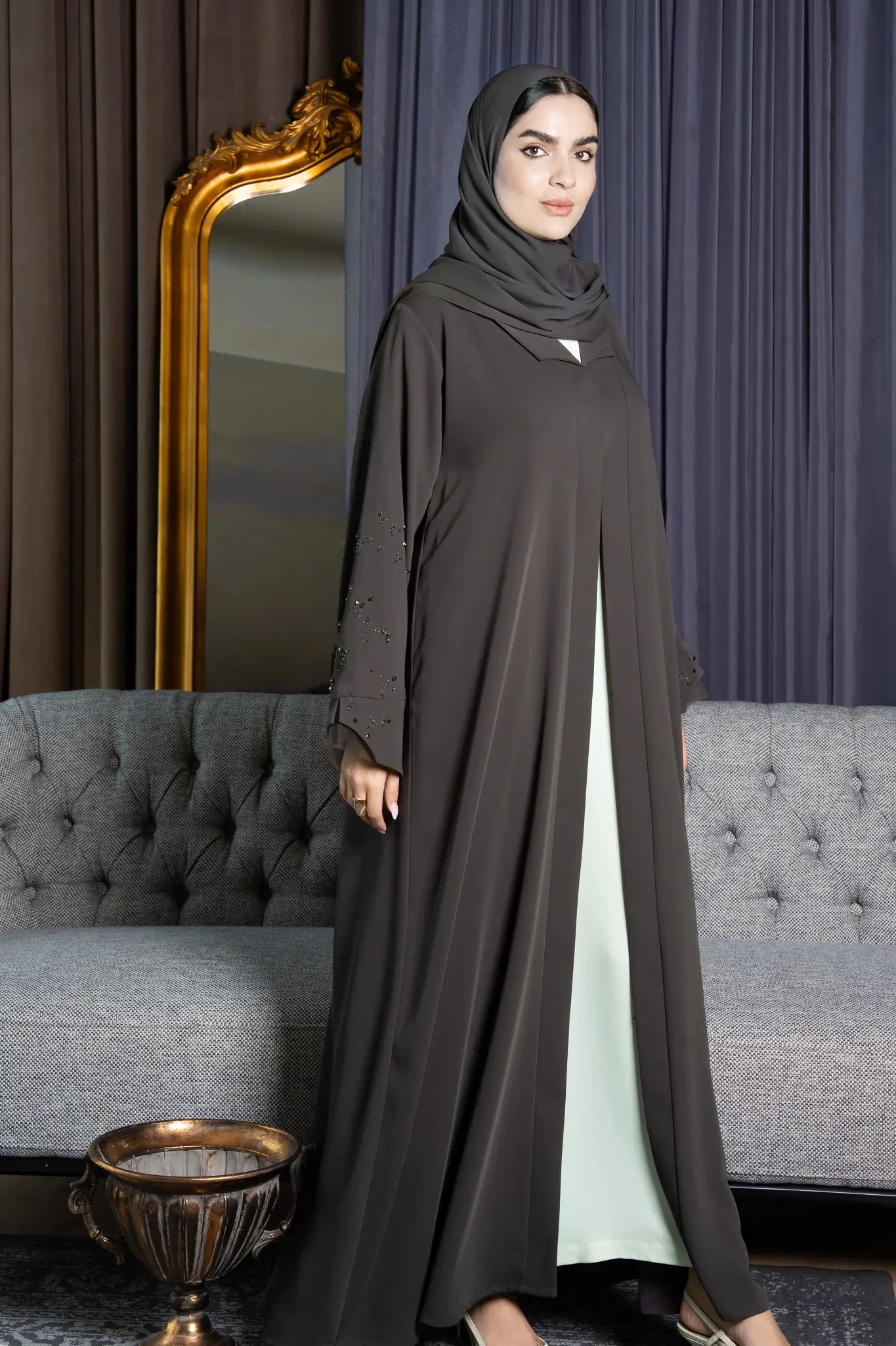 Green Zoe Crepe Abaya with Beaded Sleeve Detail