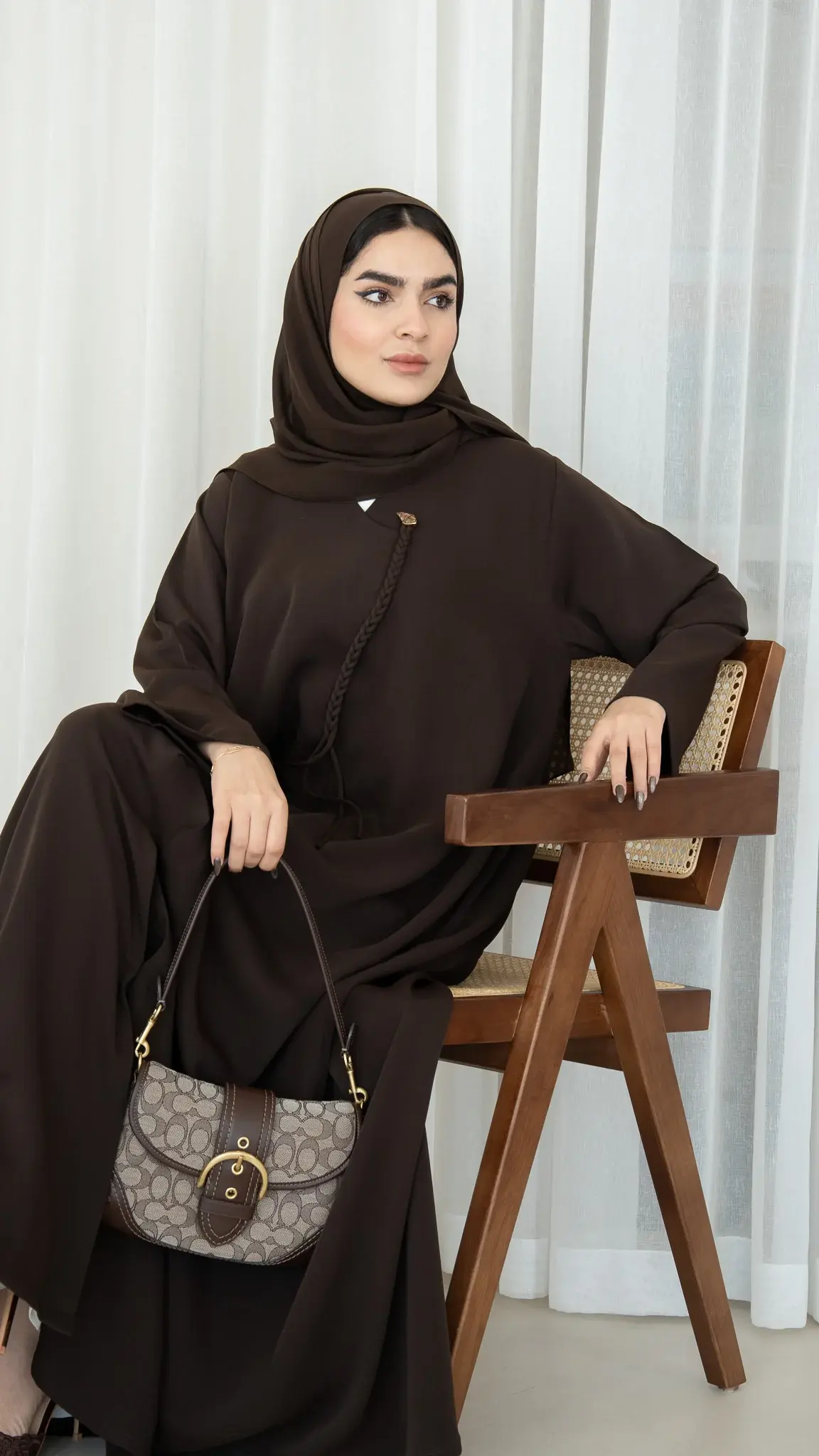Brown Zoe Crepe Abaya with Braided Dori and Button Accent