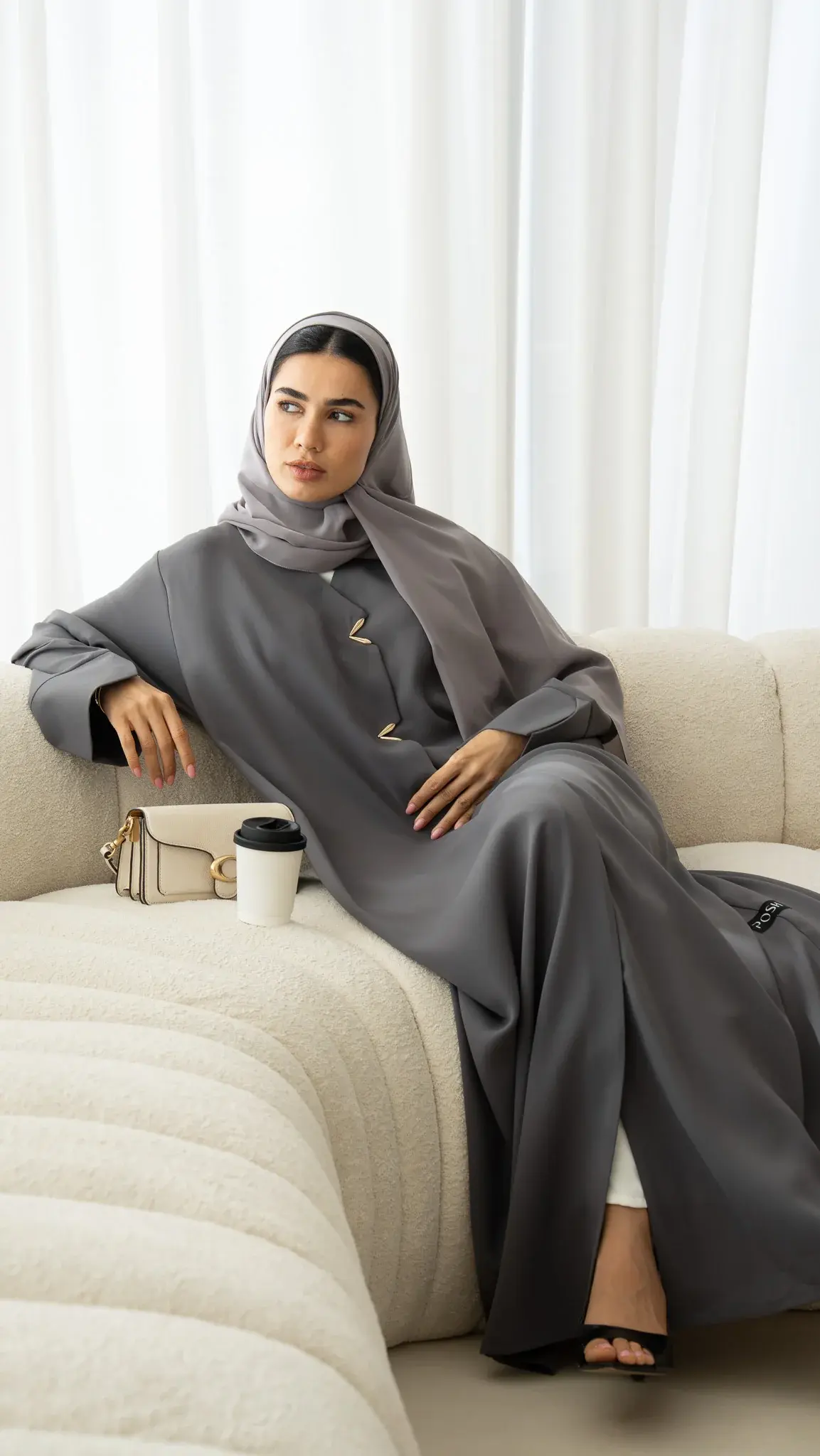 Grey Aroma Crepe Abaya with Gold Accent Buttons