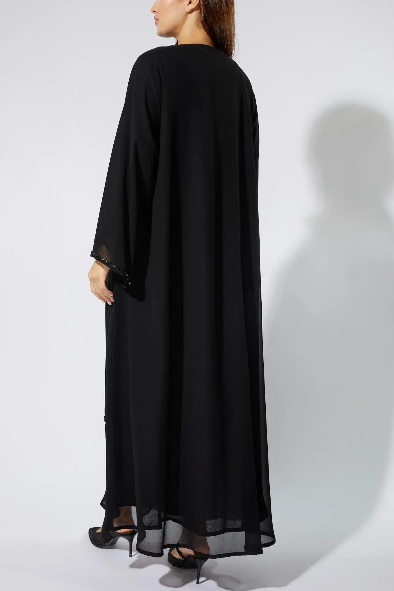 Black Chiffon Custom Abaya with Front Black Beadwork
