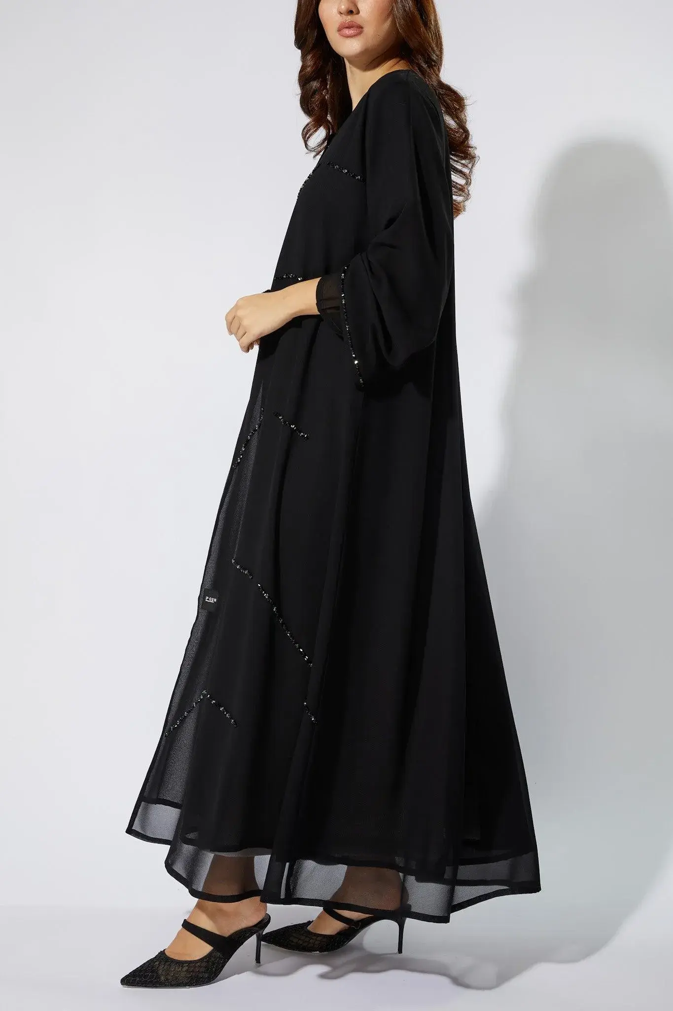 Black Chiffon Custom Abaya with Front Black Beadwork