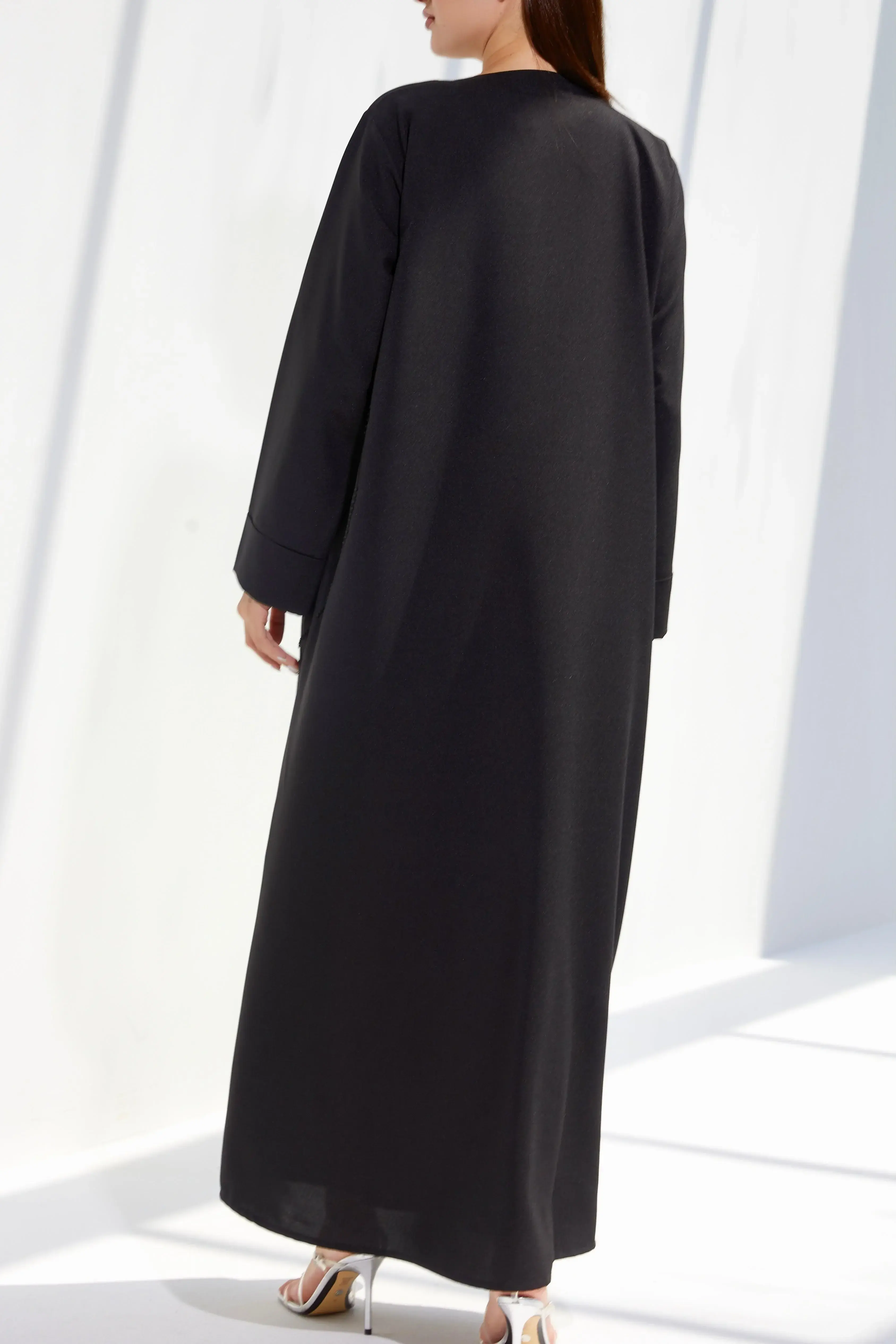 Black Crepe Custom Abaya with Front Modest Lines Beadwork