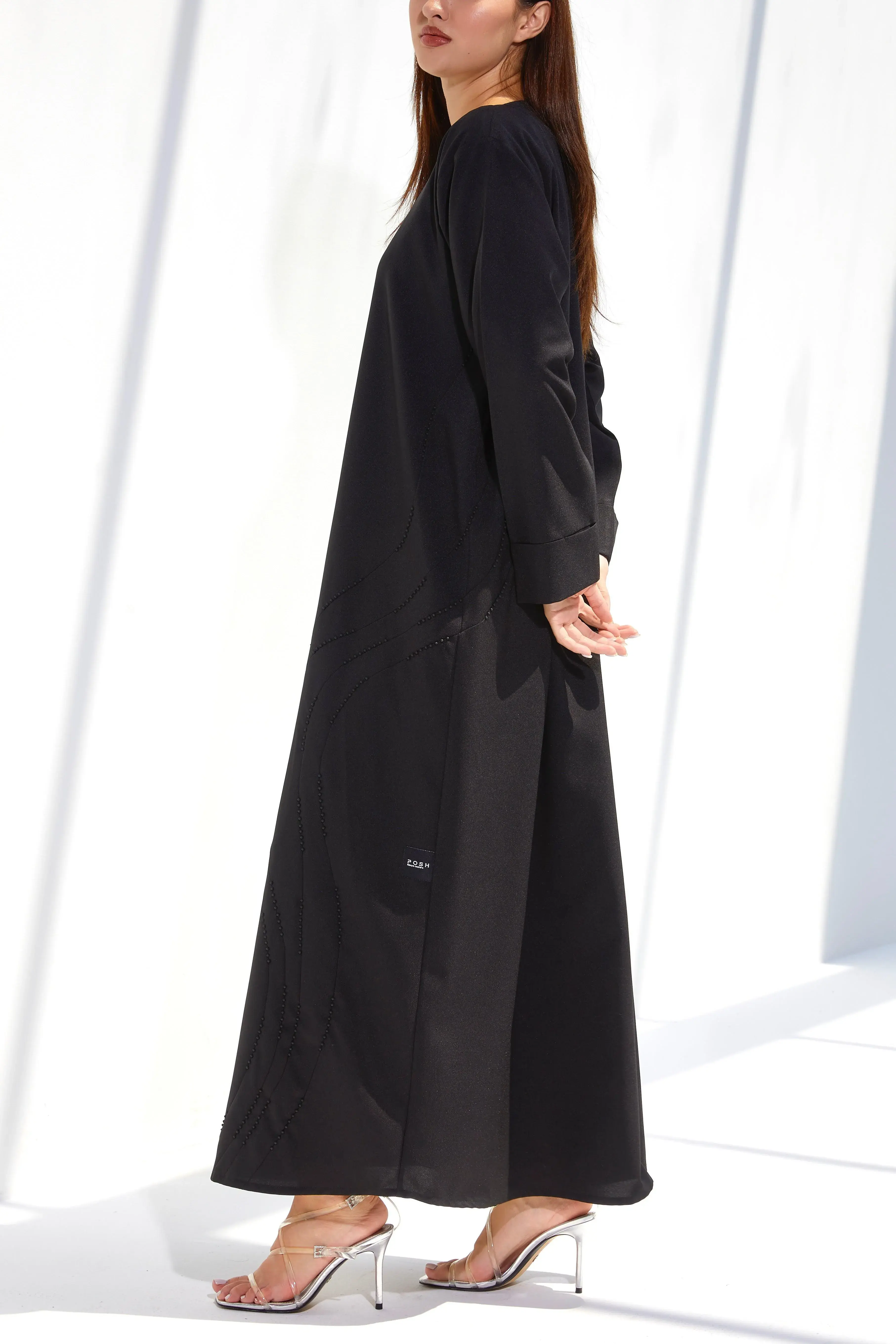 Black Crepe Custom Abaya with Front Modest Lines Beadwork