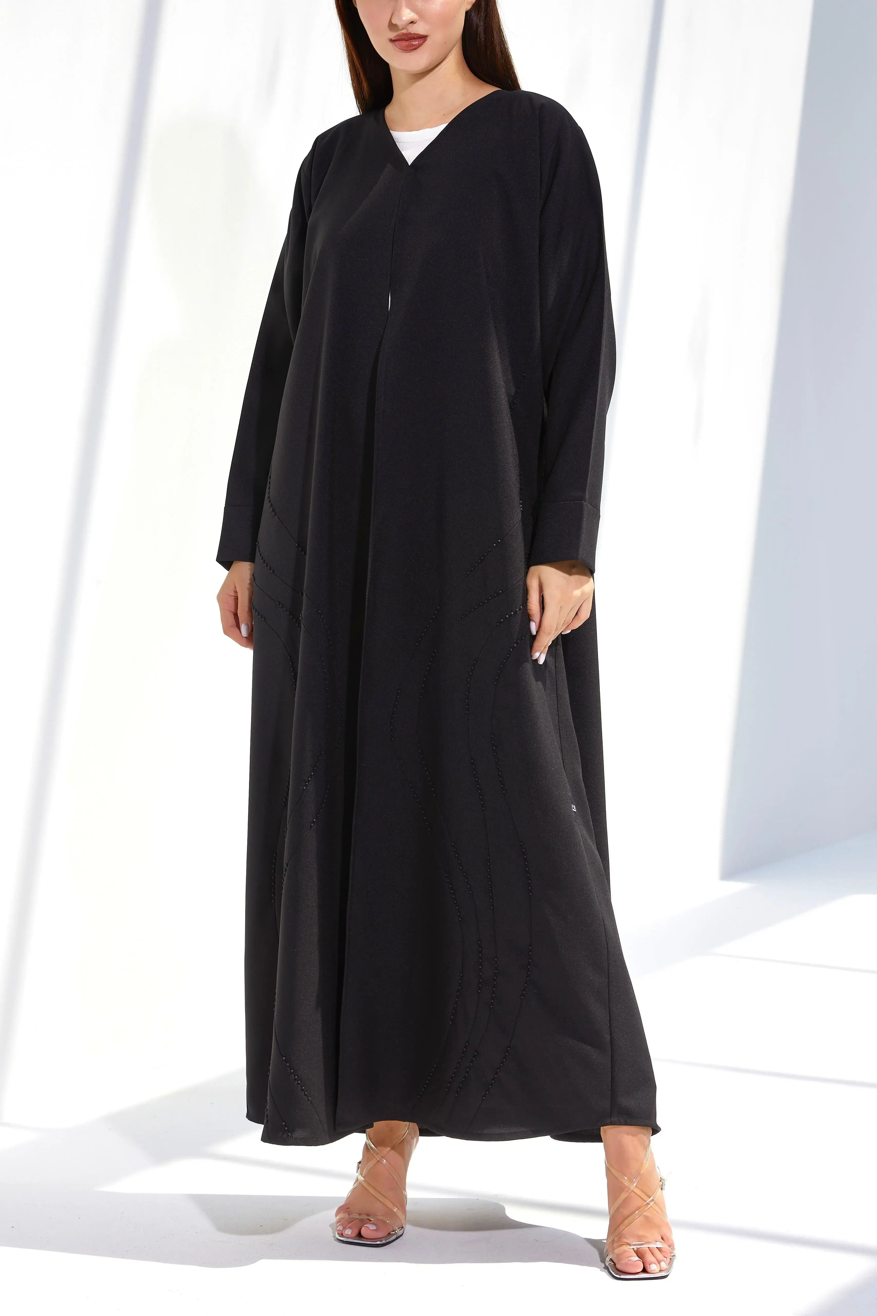 Black Crepe Custom Abaya with Front Modest Lines Beadwork