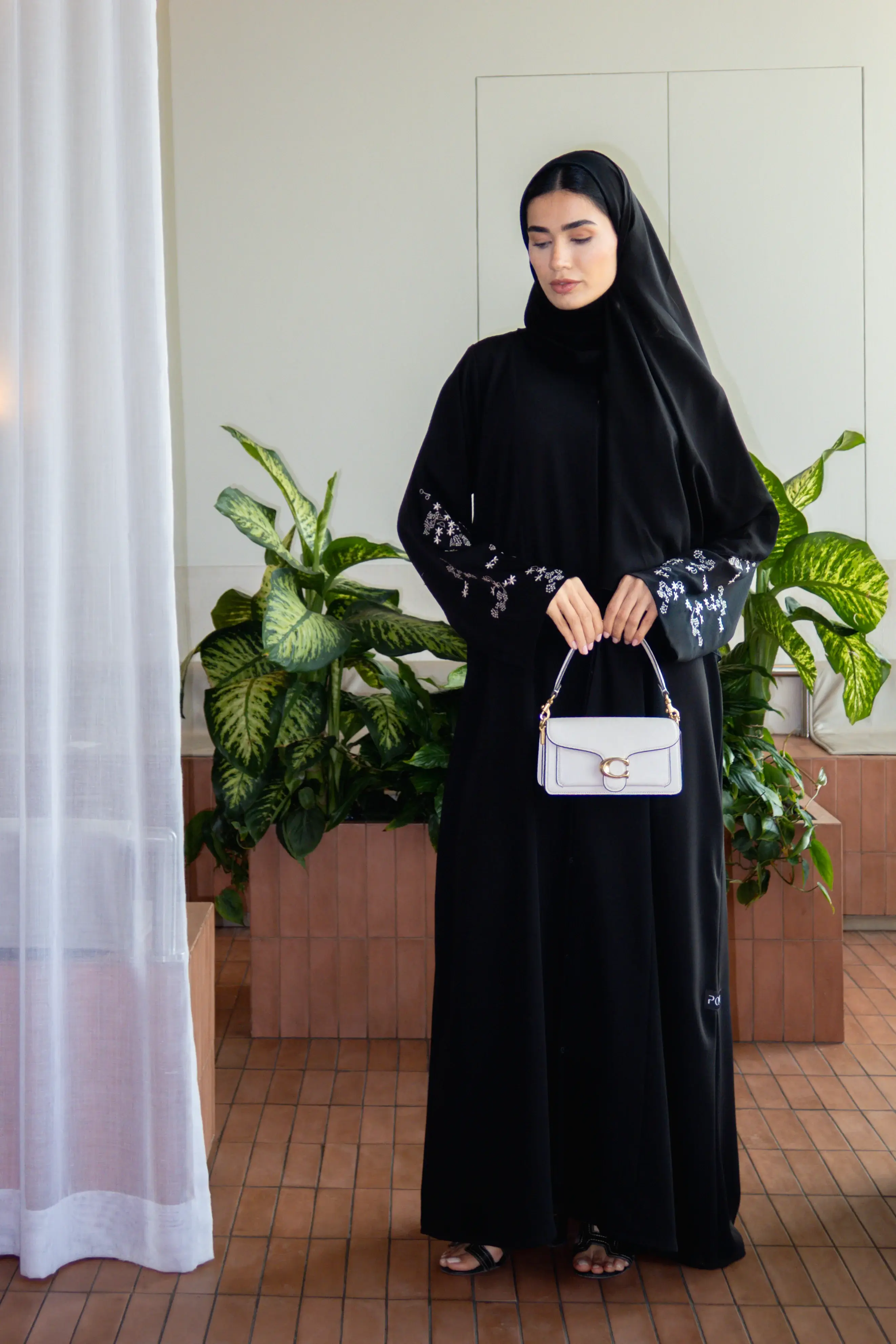 Black Layan Crepe Abaya with Tonal Sleeve Embroidery