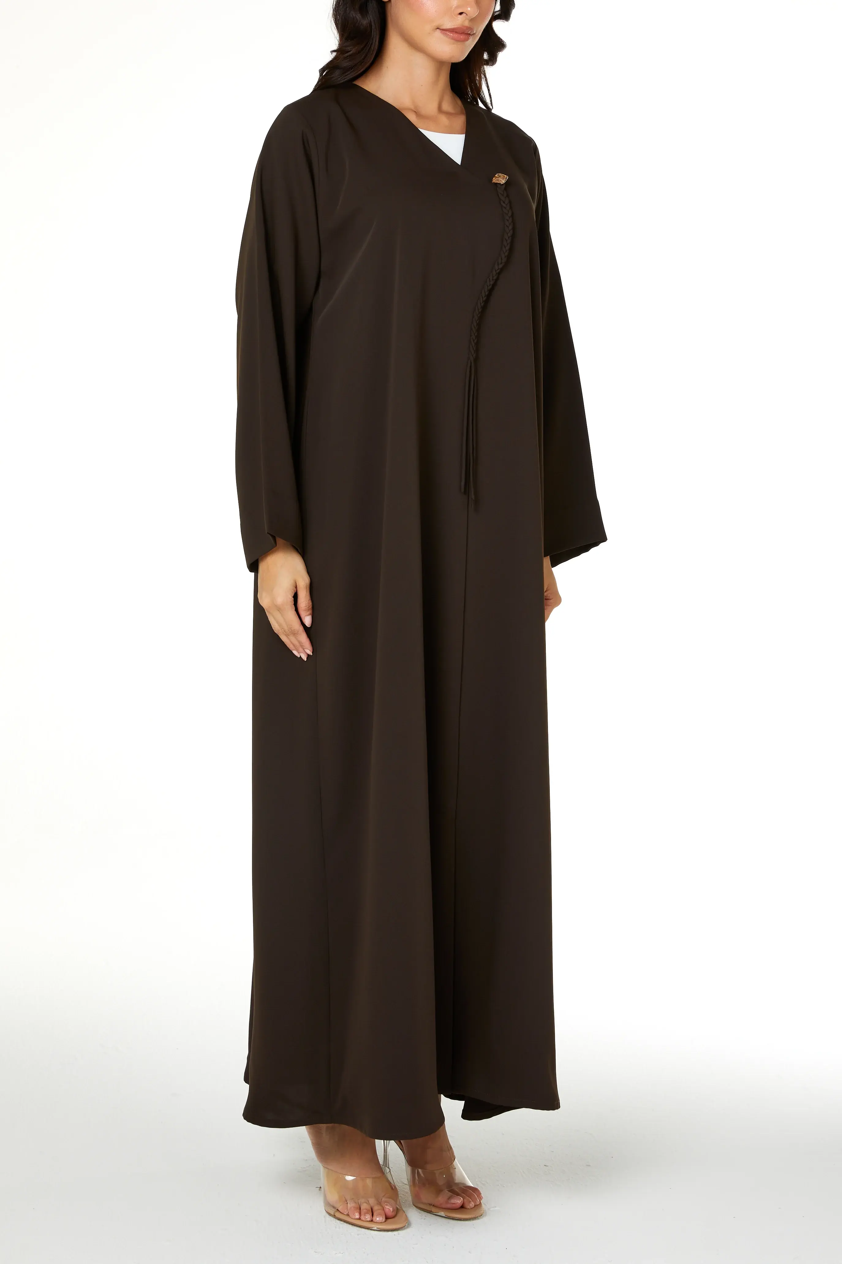 Brown Zoe Crepe Abaya with Braided Dori and Button Accent