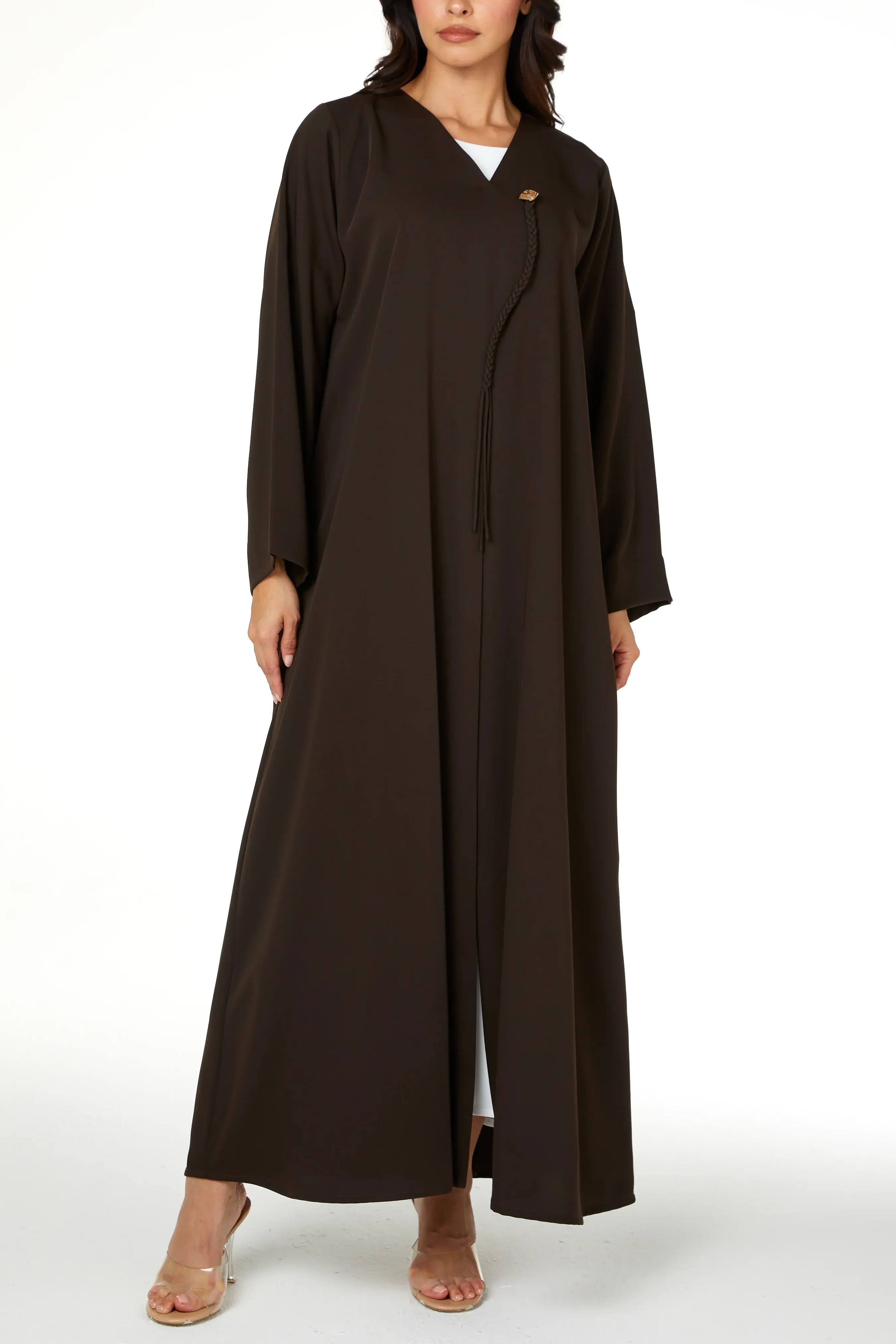 Brown Zoe Crepe Abaya with Braided Dori and Button Accent