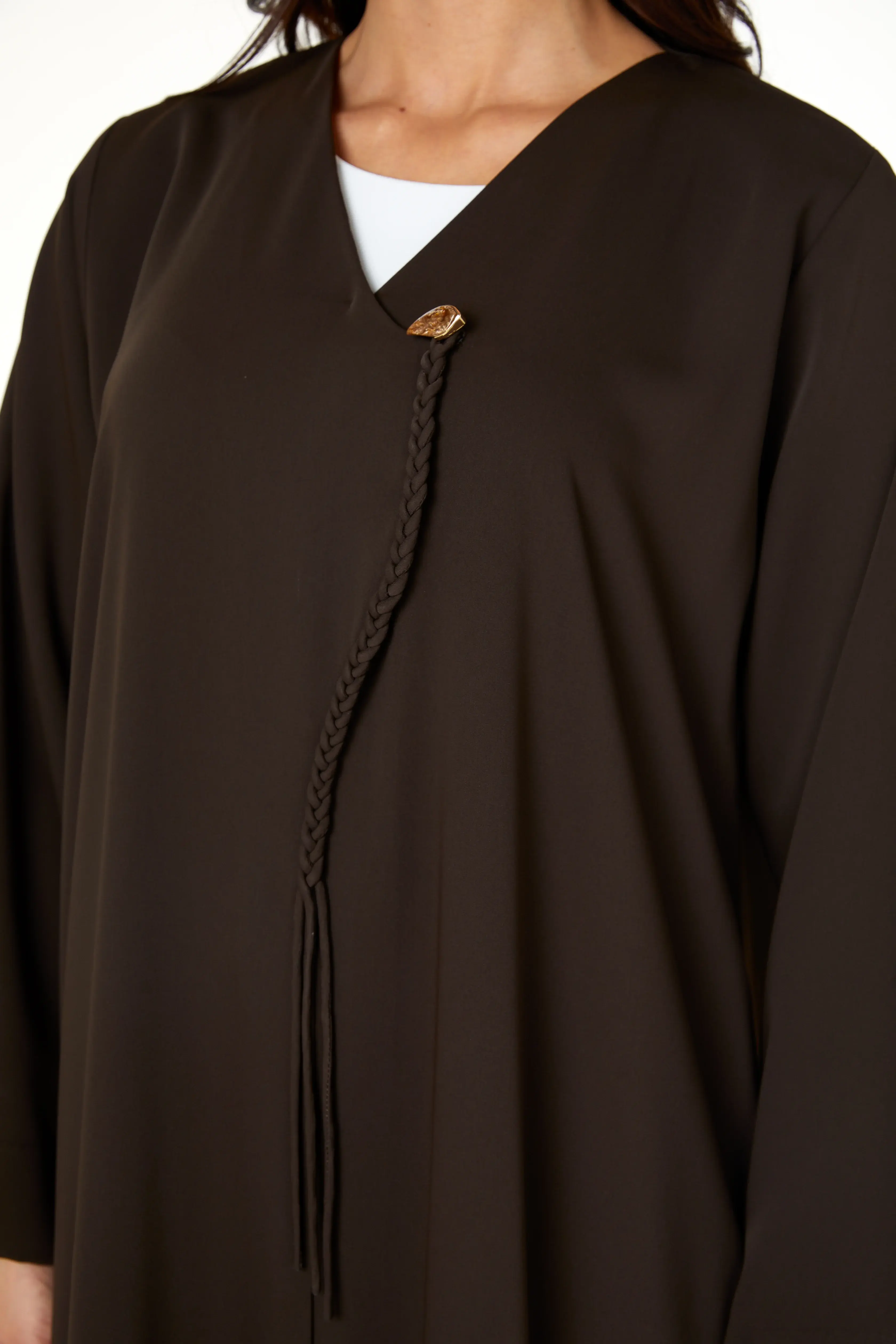 Brown Zoe Crepe Abaya with Braided Dori and Button Accent