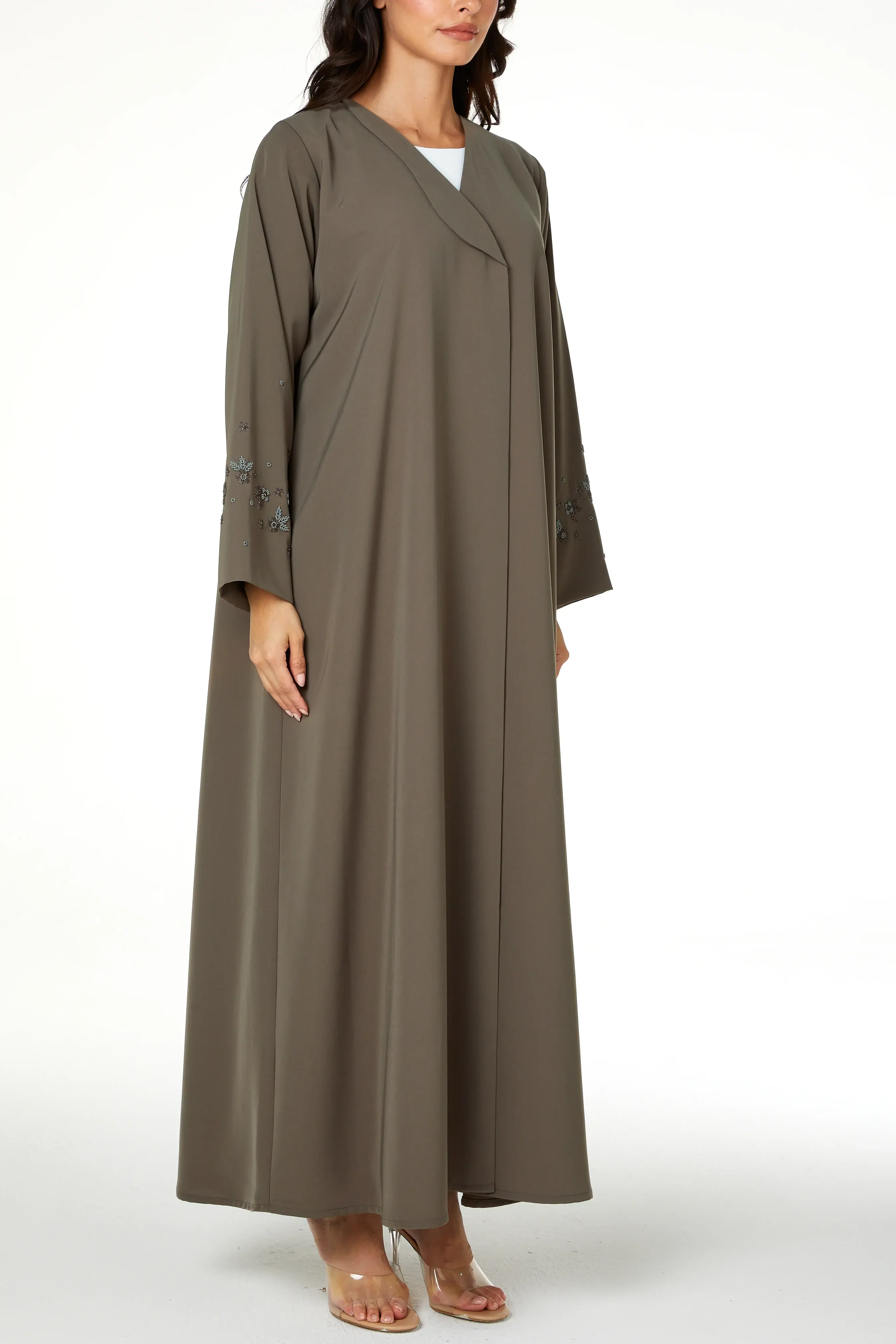 Green Lio Crepe Abaya with Sleeve Beadwork Detail