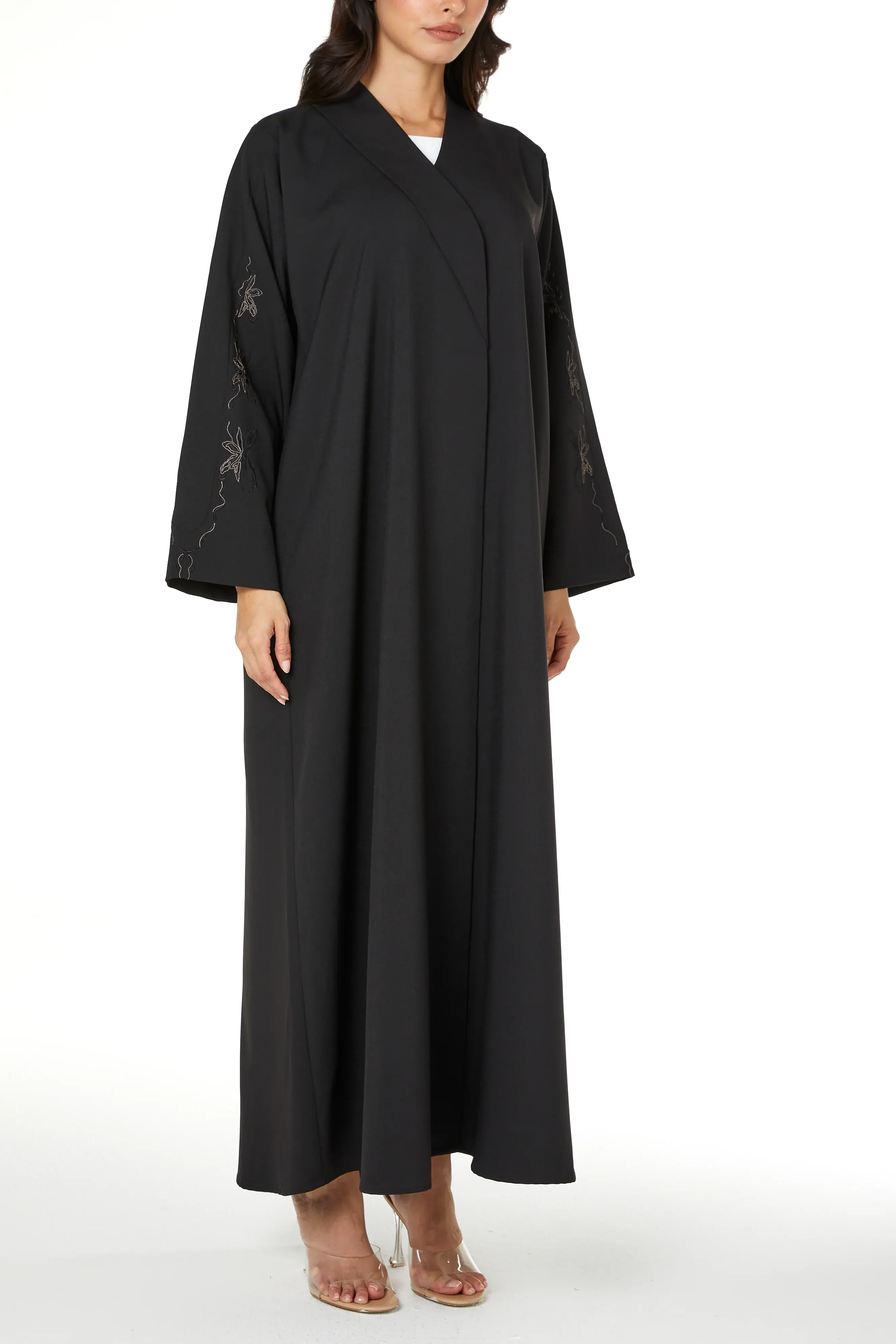 Black Kadi Abaya with Sleeve Embroidery Detail