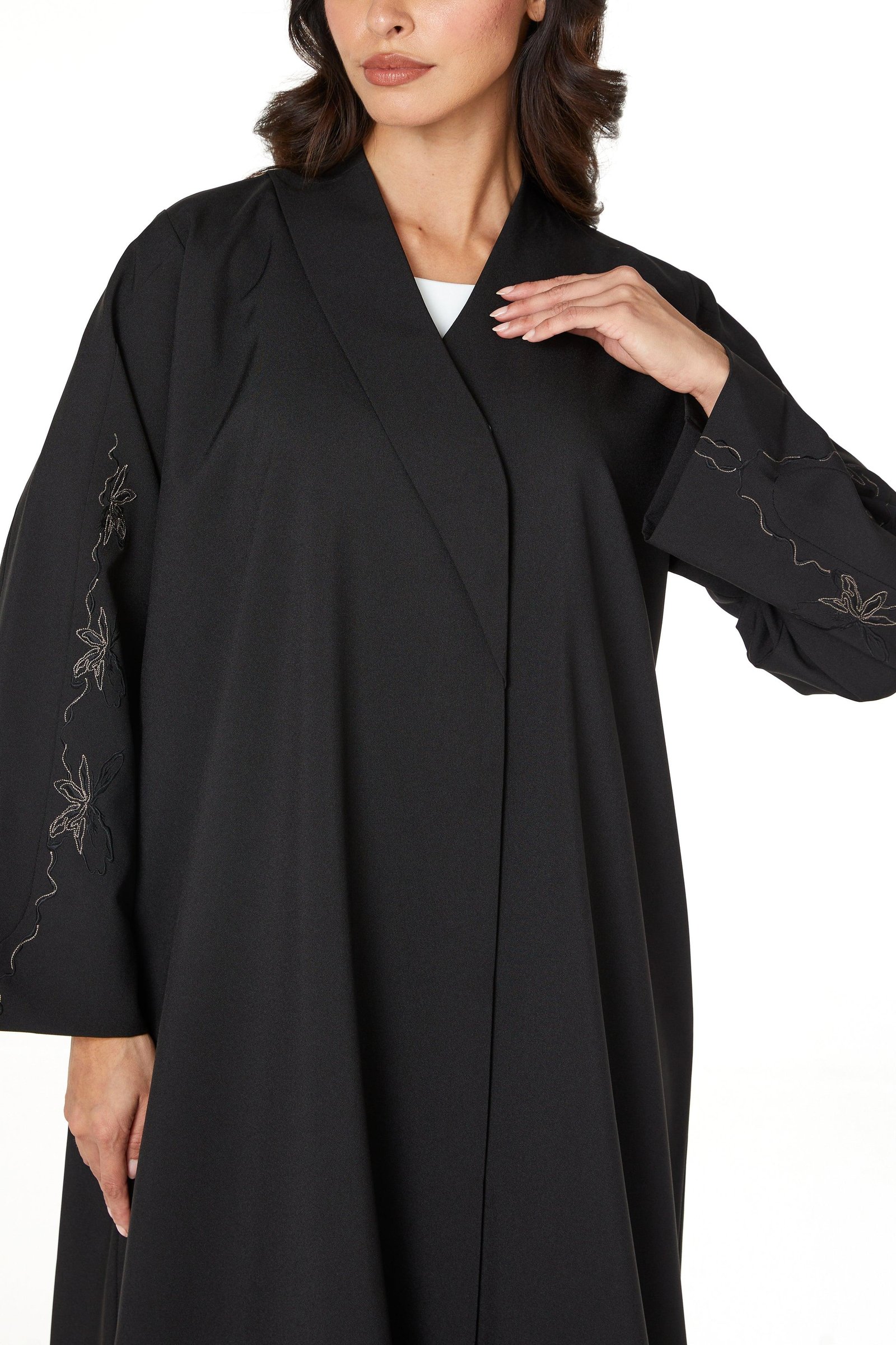 Black Kadi Abaya with Sleeve Embroidery Detail
