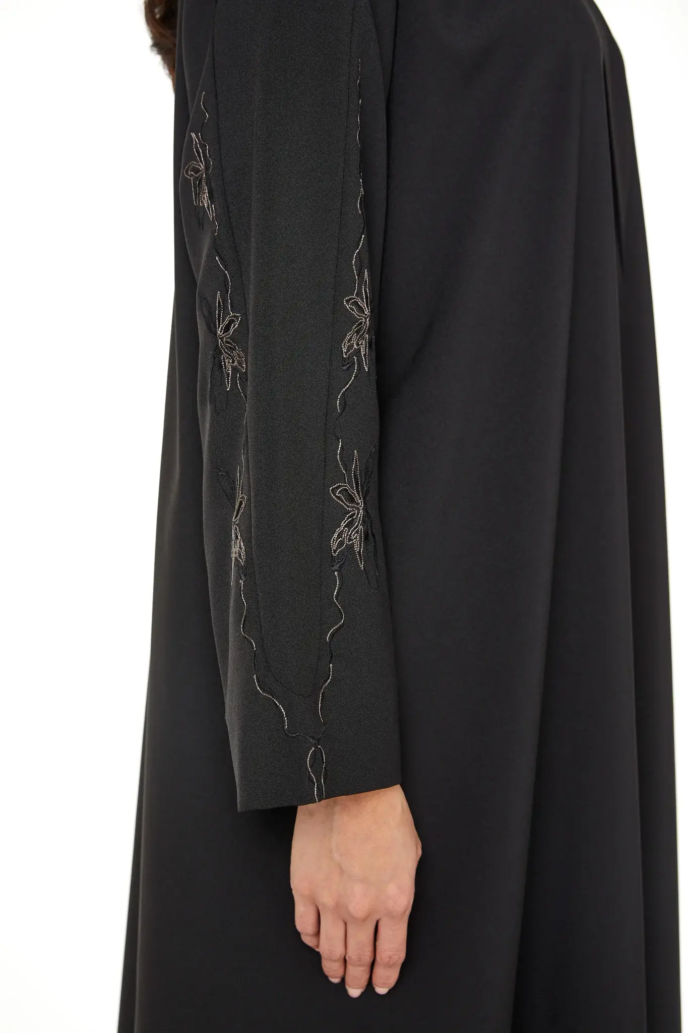 Black Kadi Abaya with Sleeve Embroidery Detail
