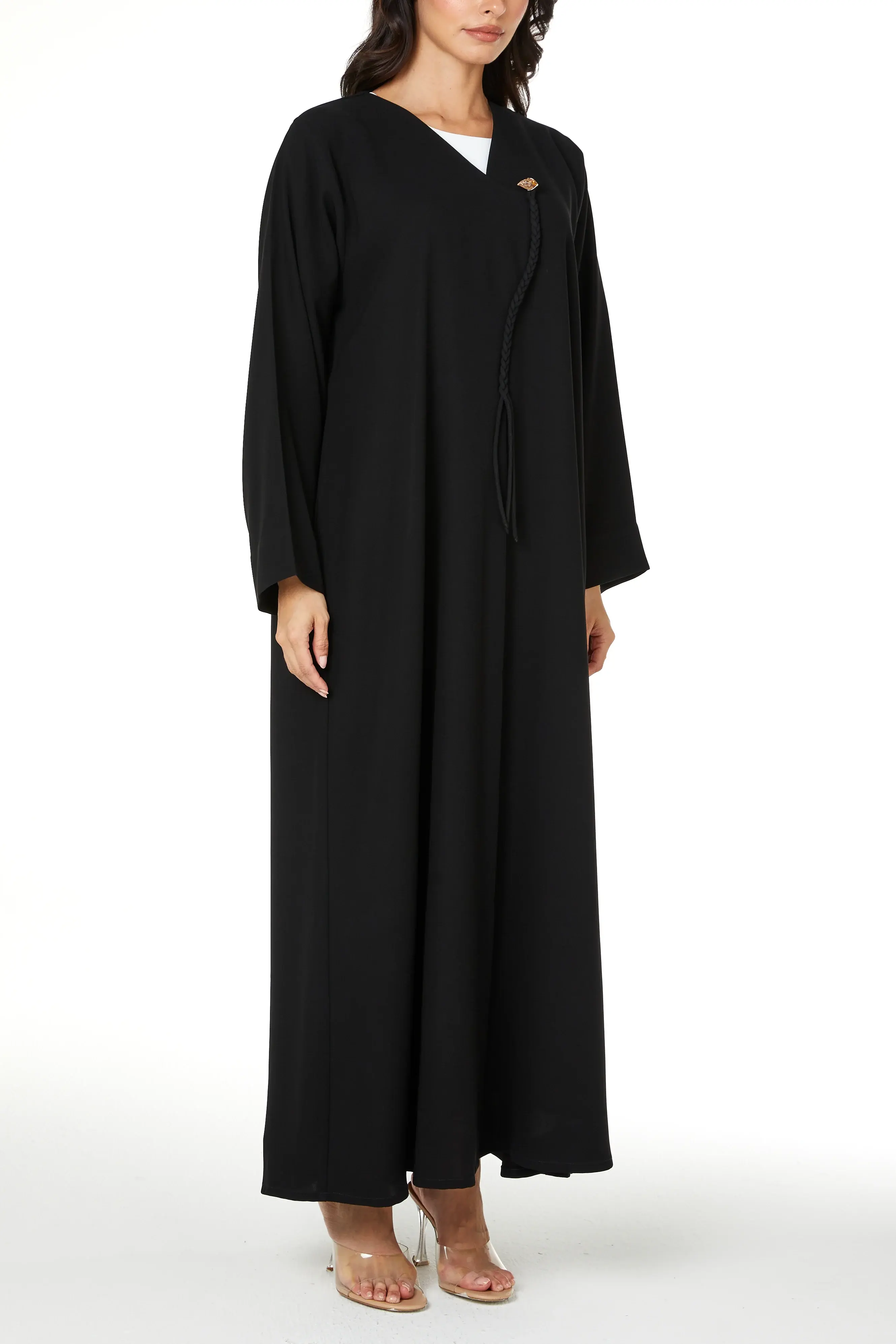 Black Jaime Crepe Abaya with Braided Dori and Button Accent
