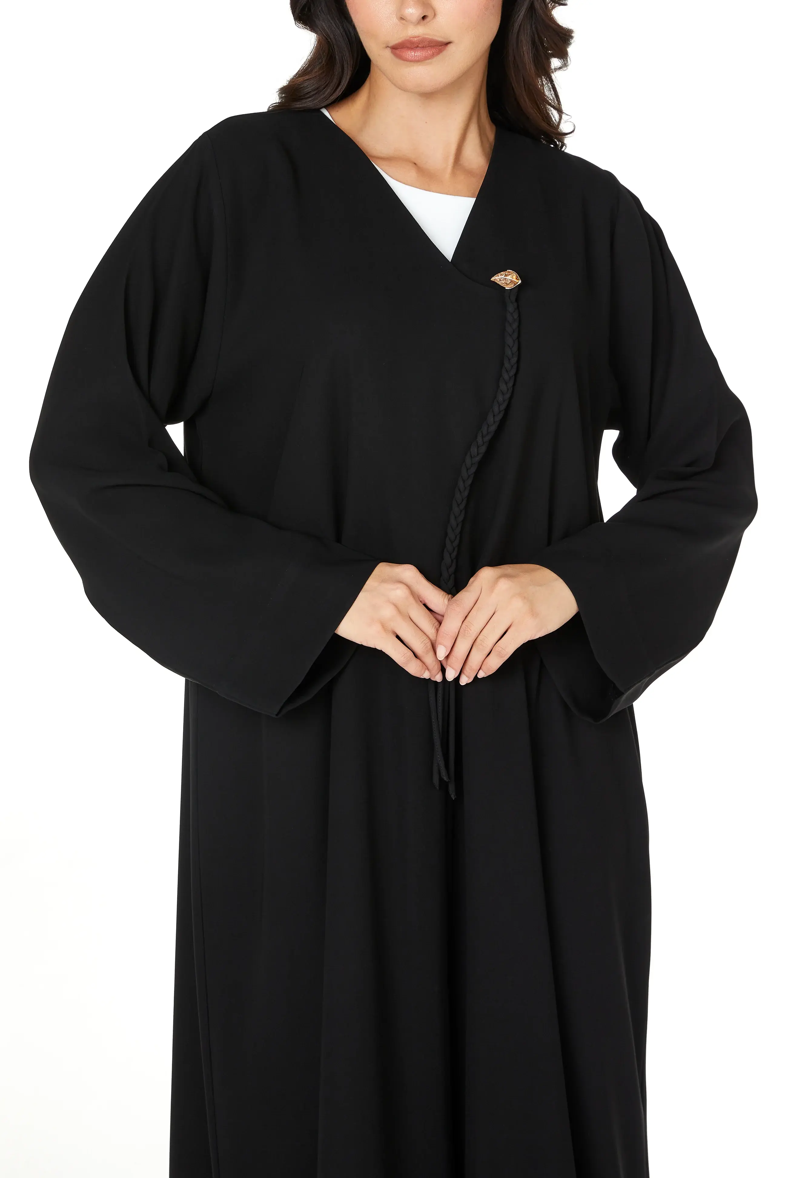 Black Jaime Crepe Abaya with Braided Dori and Button Accent