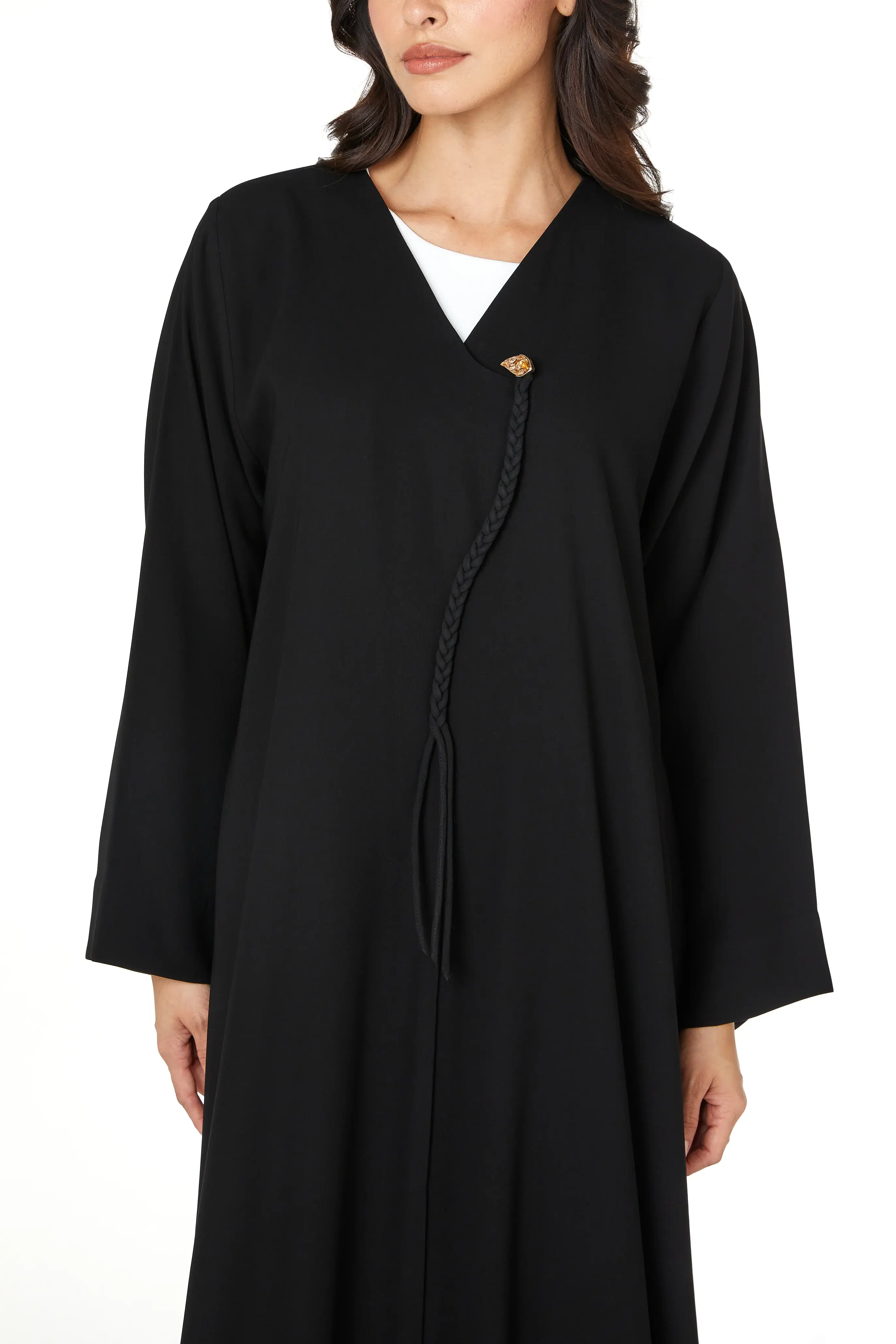 Black Jaime Crepe Abaya with Braided Dori and Button Accent