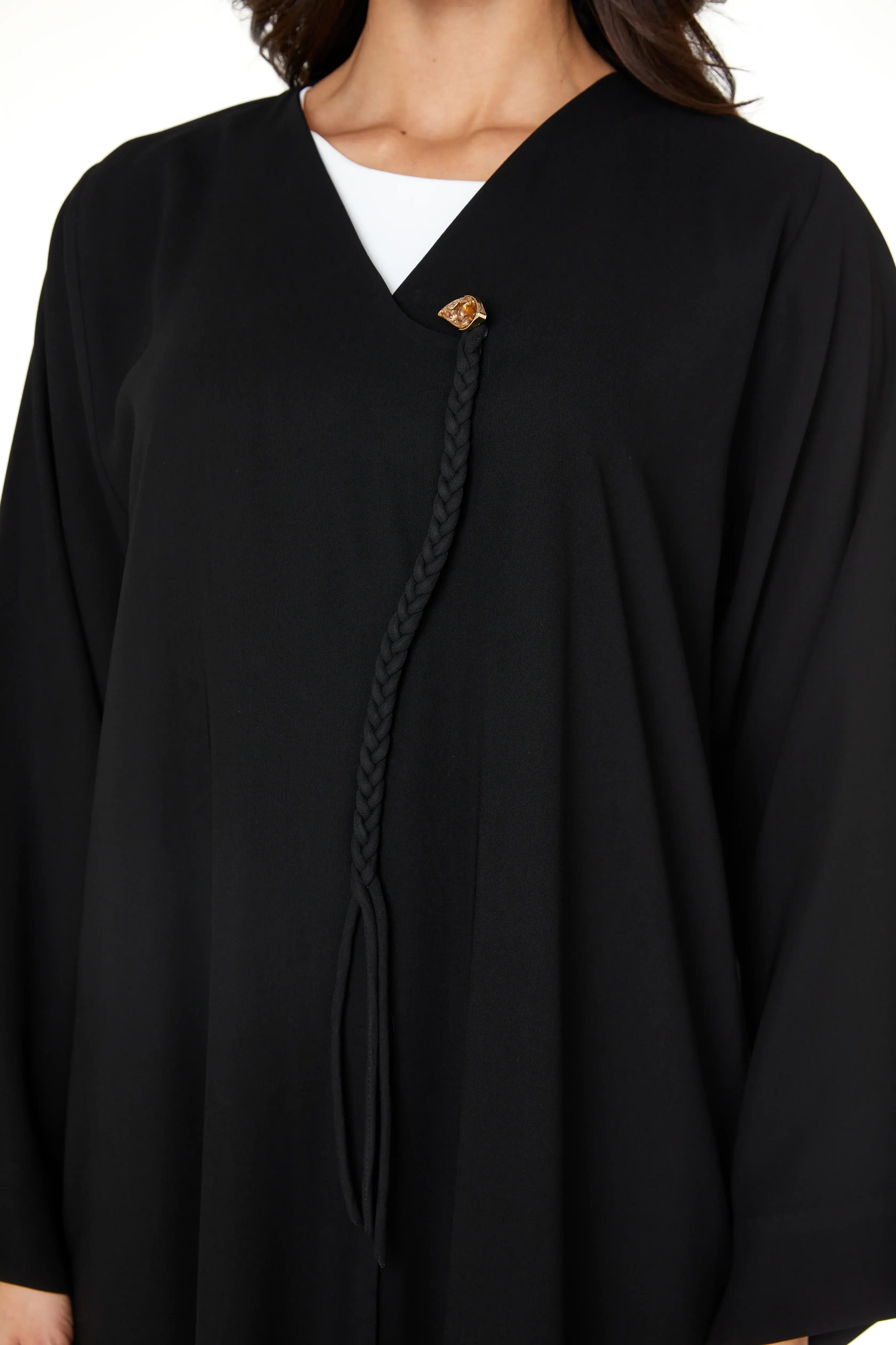 Black Jaime Crepe Abaya with Braided Dori and Button Accent