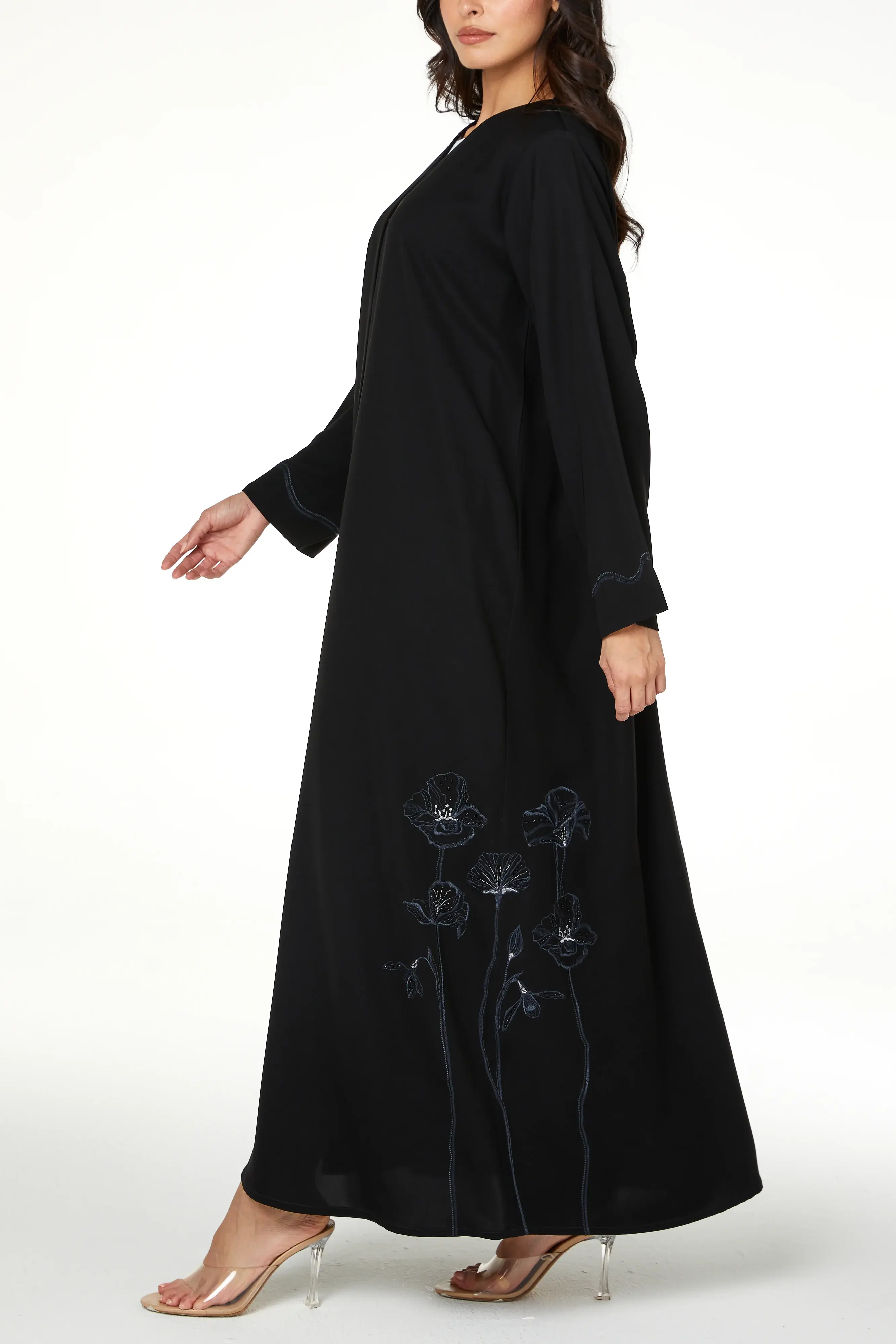 Black Aria Crepe Abaya with Embroidered Detail