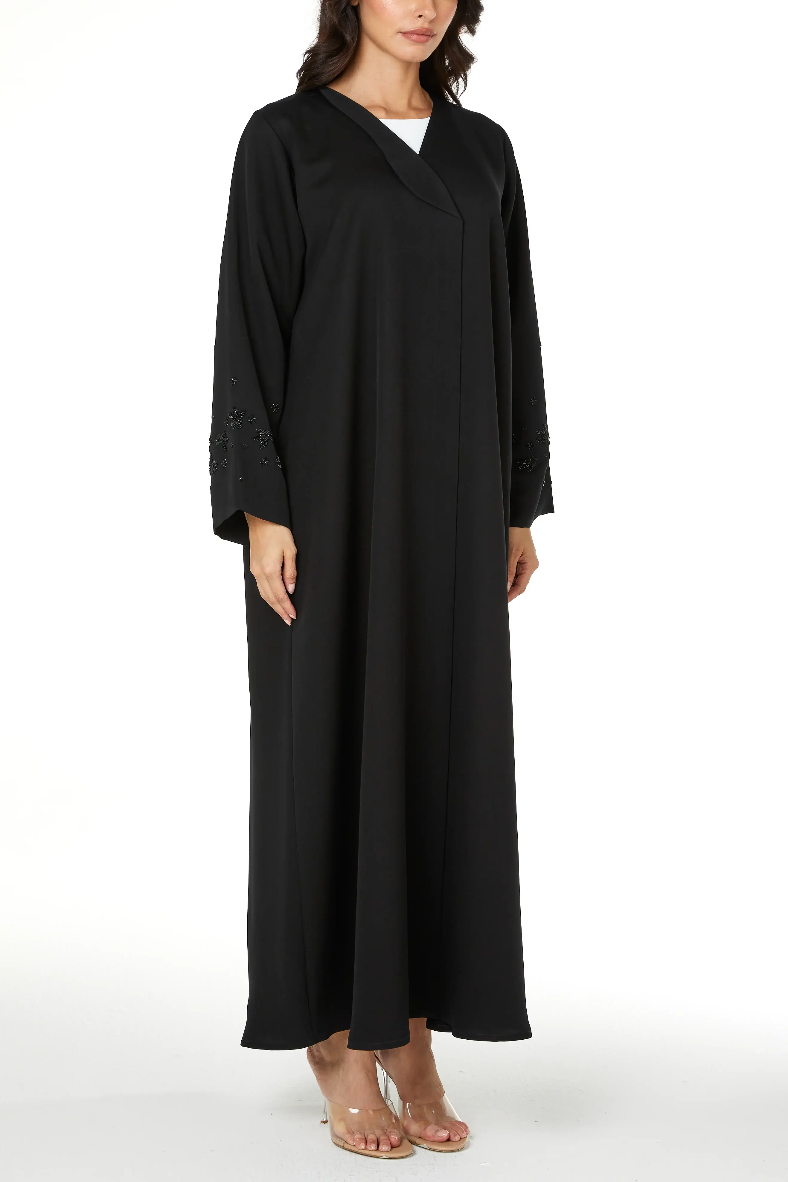 Black Emarati Crepe Abaya with Sleeve Beadwork Detail