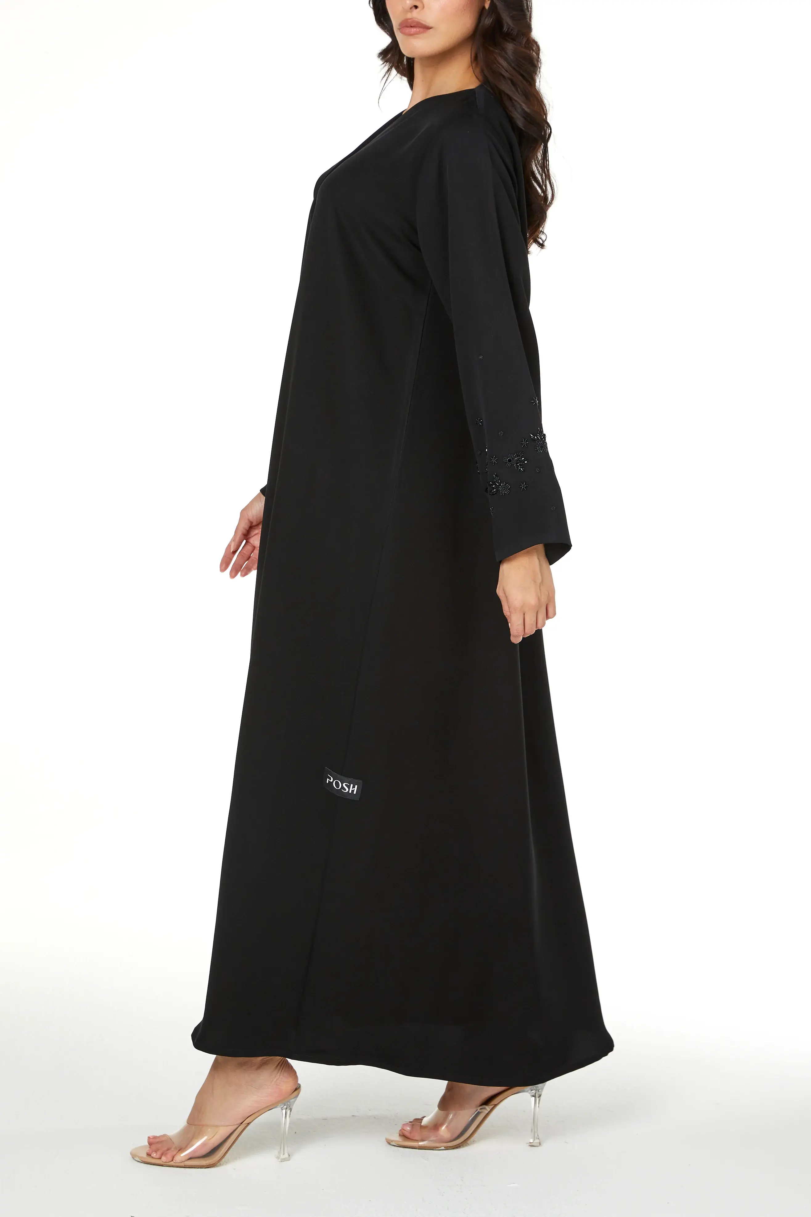 Black Emarati Crepe Abaya with Sleeve Beadwork Detail