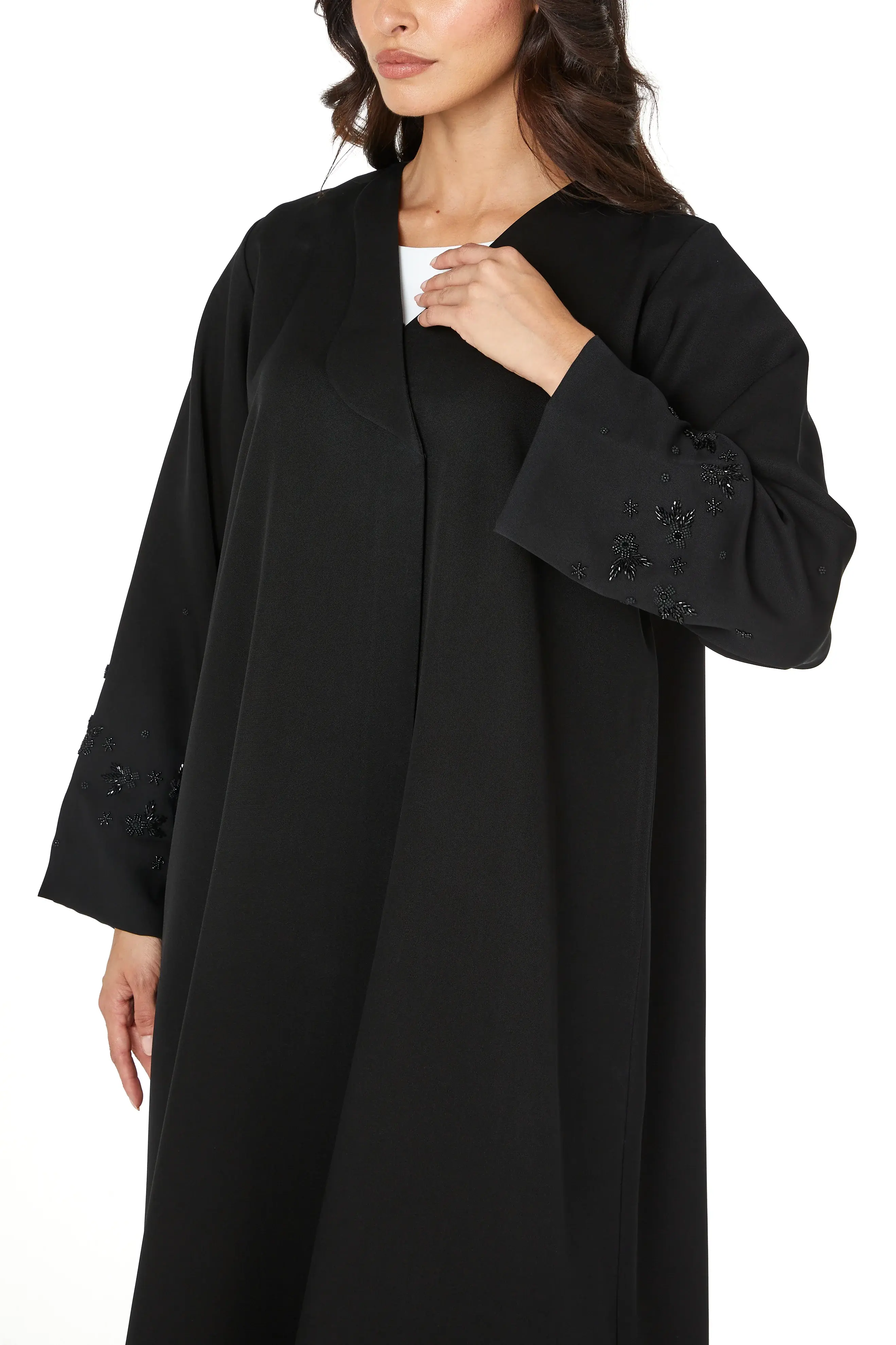 Black Emarati Crepe Abaya with Sleeve Beadwork Detail