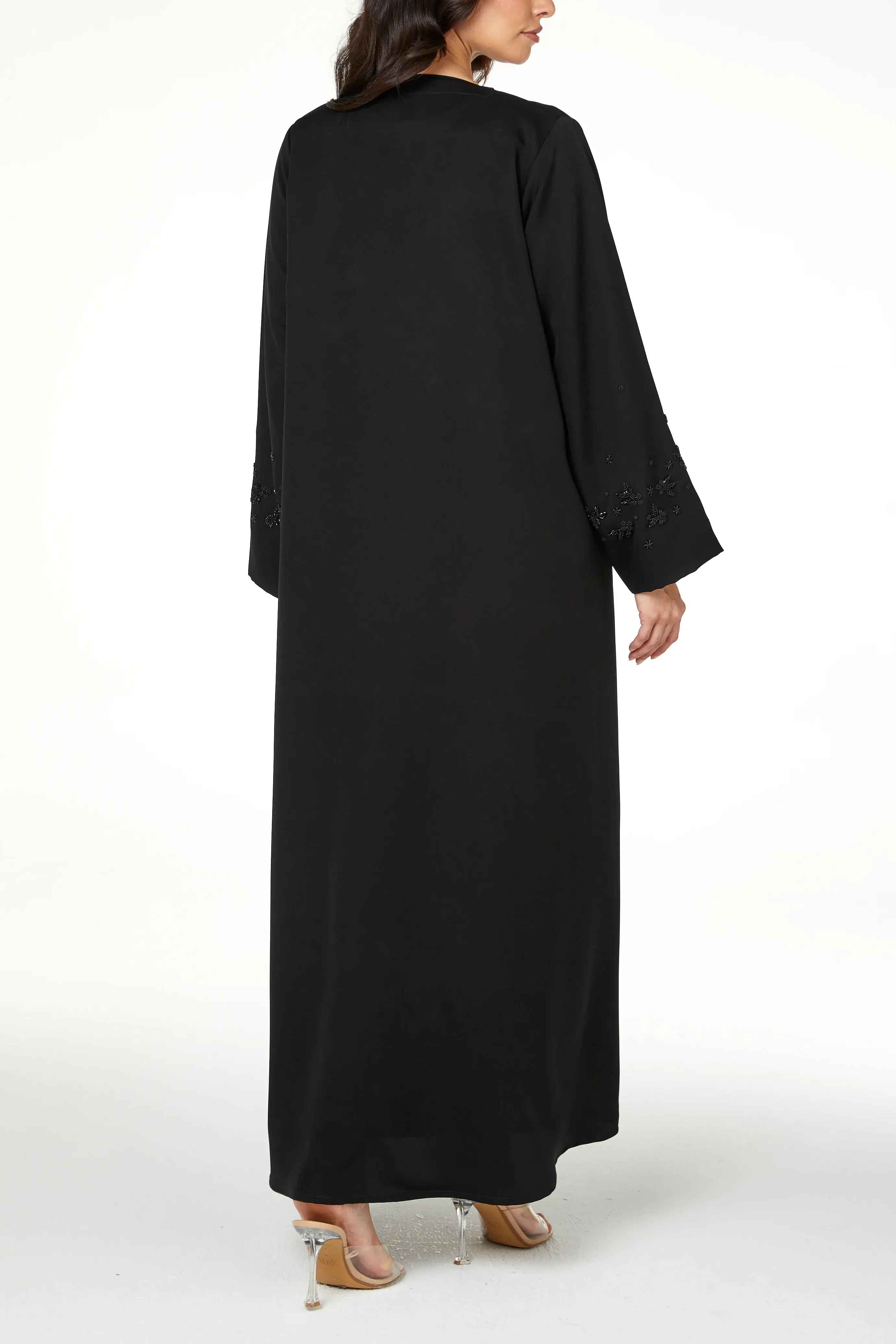 Black Emarati Crepe Abaya with Sleeve Beadwork Detail