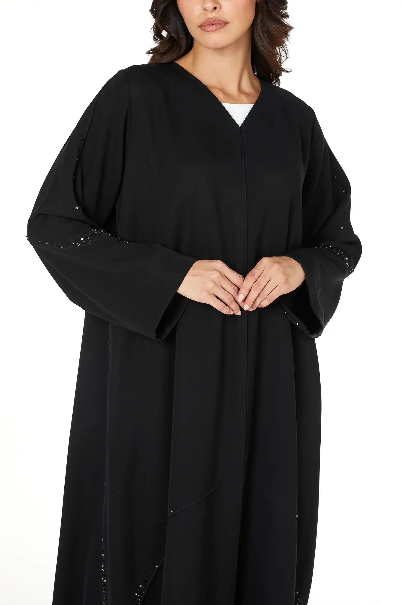 Black Farasha Crepe Abaya with Beaded Curve Detail