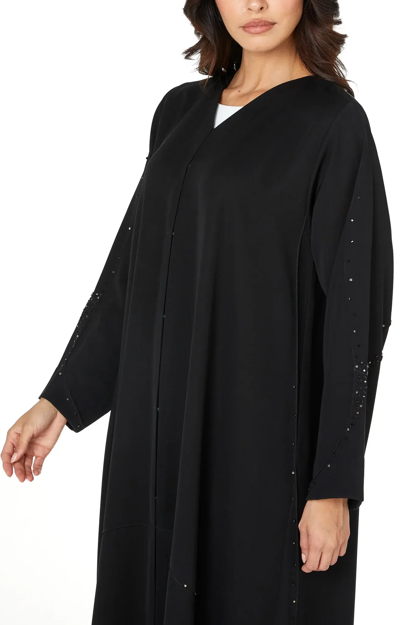 Black Farasha Crepe Abaya with Beaded Curve Detail