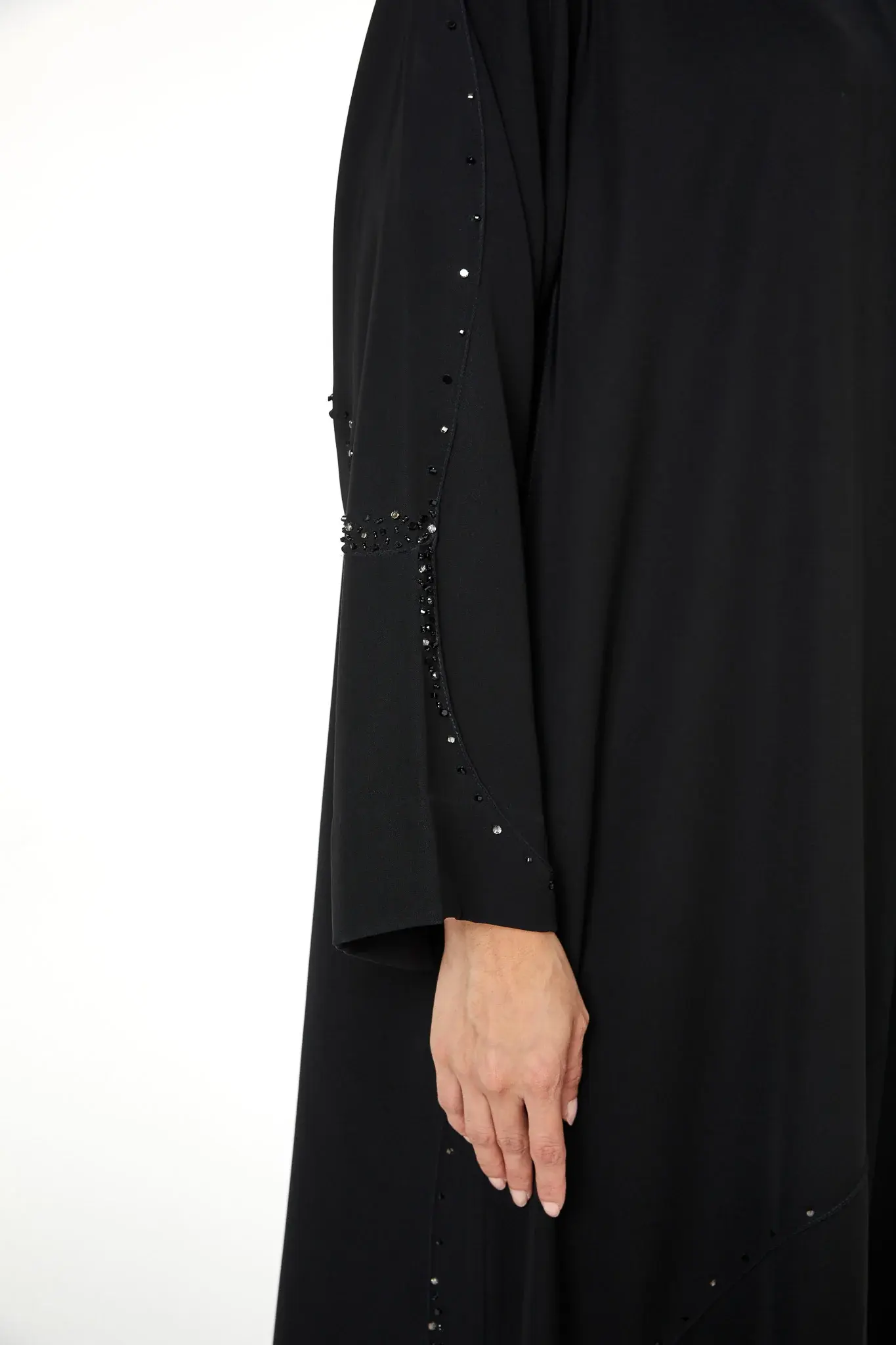 Black Farasha Crepe Abaya with Beaded Curve Detail